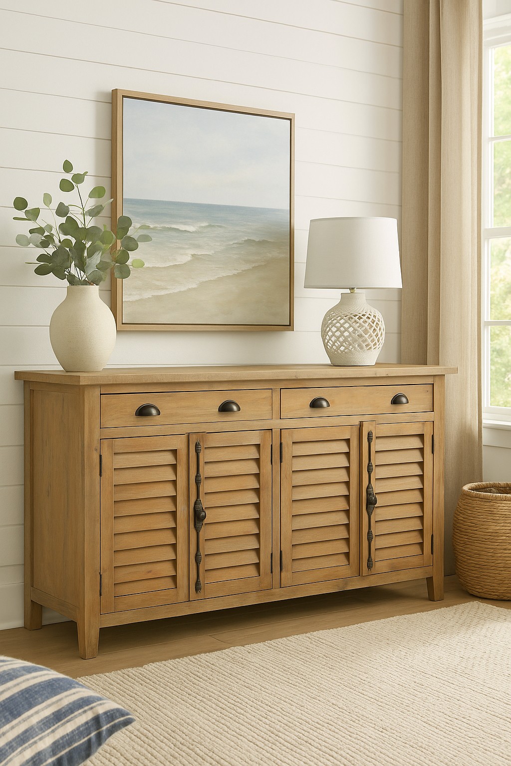 Cottage Shutter Door Sideboard in Driftwood Brown Solid Wood Fully Assembled