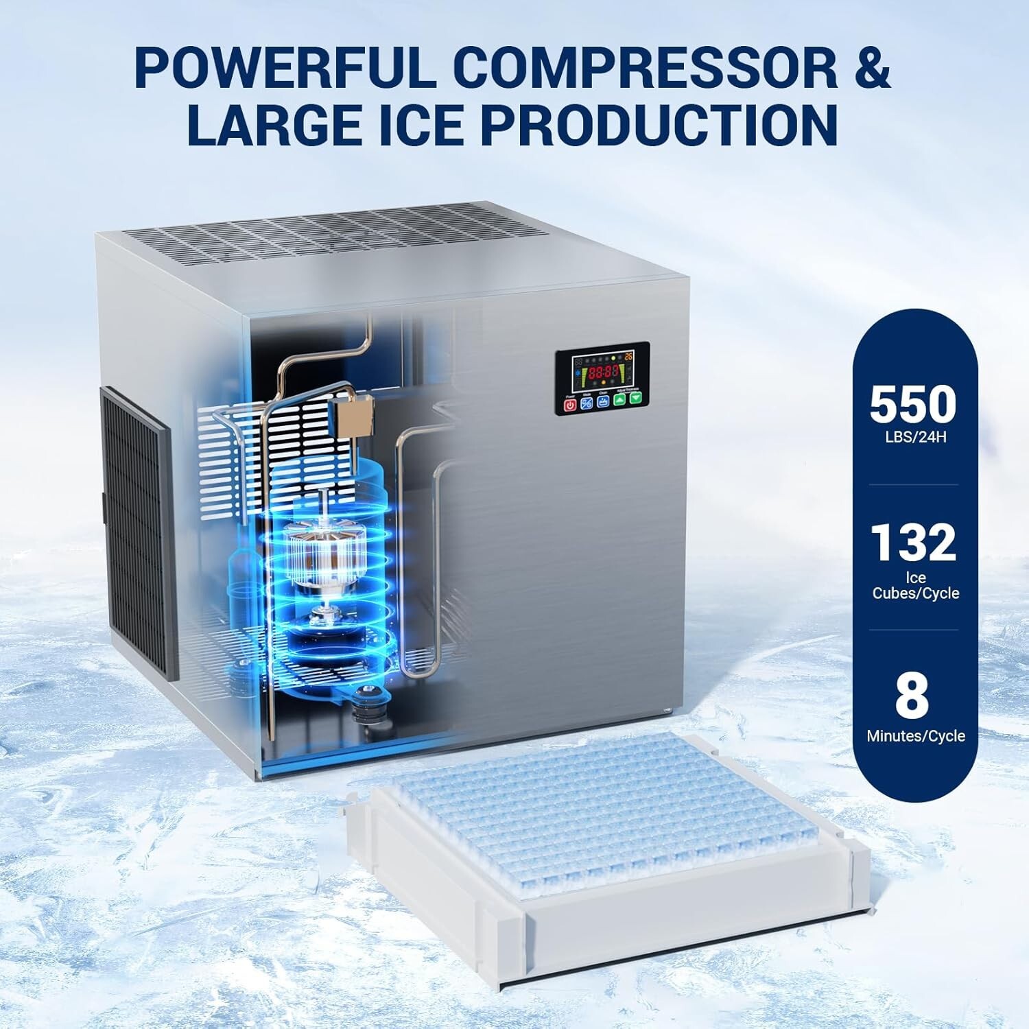 Commercial Ice Machine 550 LBS/24H, 360 LBS Storage, 132 Ice Cubes Auto Cleaning