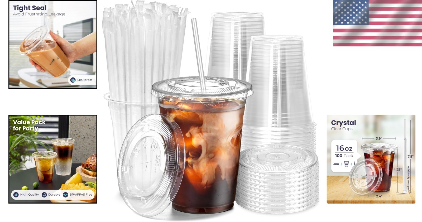Disposable Clear Cups – 100 Count 16 oz with Flat Lids