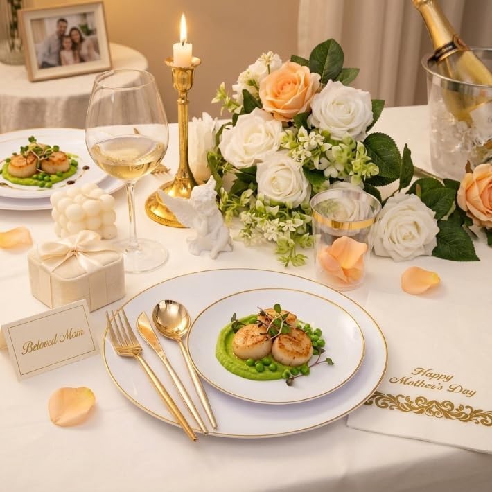 MirthMood 210Pcs Disposable Plastic Plates Set, Gold and White Plastic Party