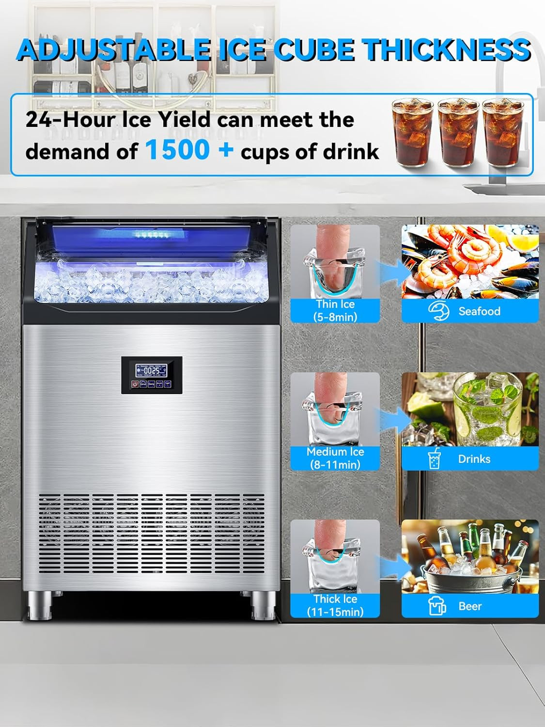 300Lbs/24H Commercial Ice Maker – Stainless Steel, Self-Cleaning, 115Lbs Bin
