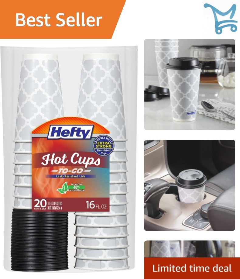 Disposable Hot Coffee Cups with Lids 16oz Leak-Resistant Double Wall Insulated