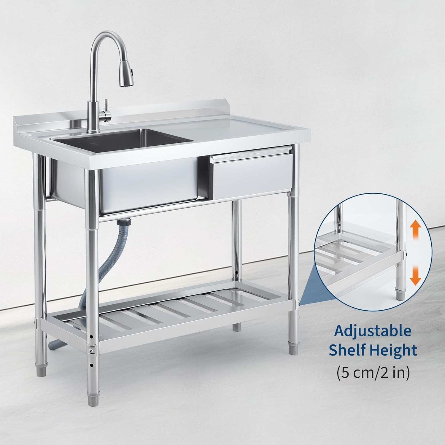 39×19.7×37.4 Inch Stainless Steel Commercial Utility Sink Single Bowl w/ Drawer