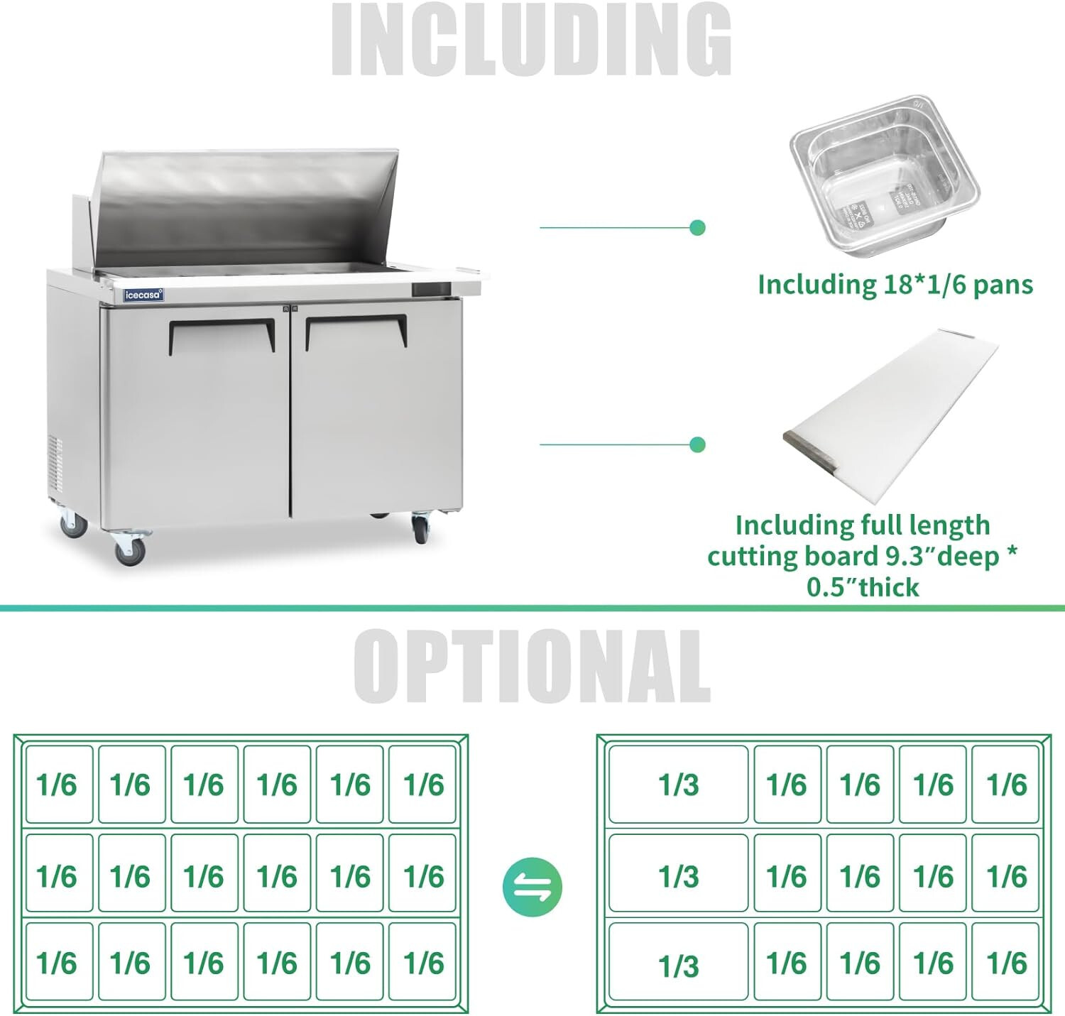 48″ Mega Top Sandwich Prep Table, ICECASA 2 Door Food Bain Marie Cooler, 18 Pans
