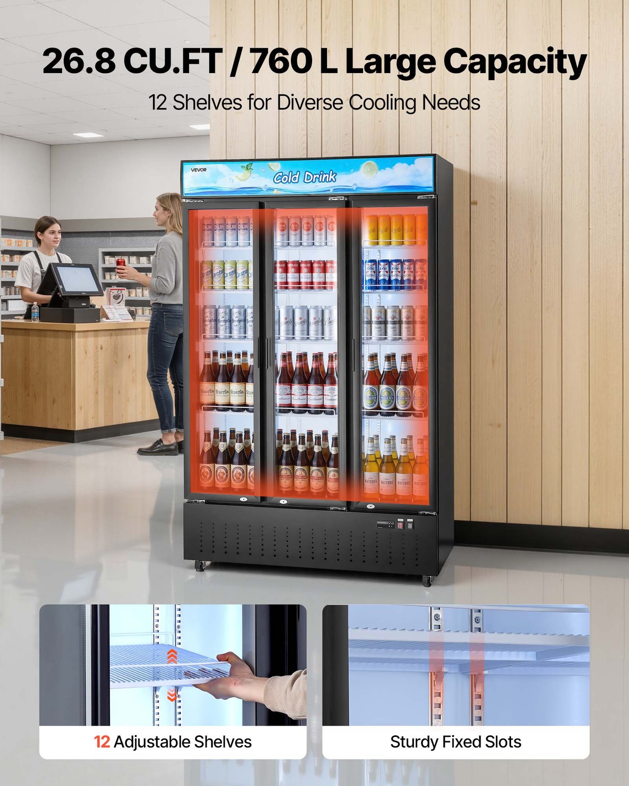 VEVOR Commercial Merchandiser Refrigerator 26.8 Cu.Ft 3-Door Beverage Cooler