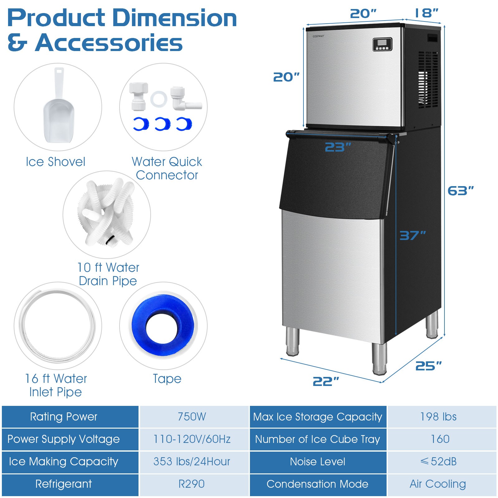 Costway Split Commercial Ice Maker 353LBS/24H Ice Machine w/ 198 LBS Storage Bin
