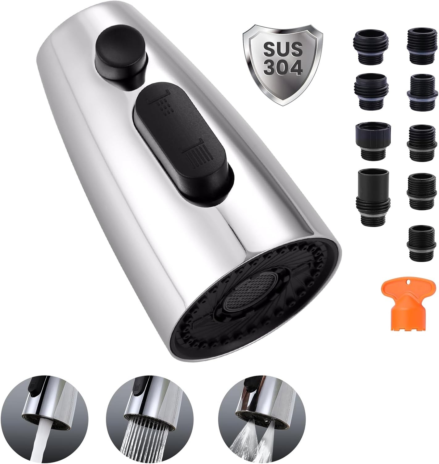 Kitchen Faucet Head Replacement:Stainless Steel Spray Head,3 Modes Pull Out