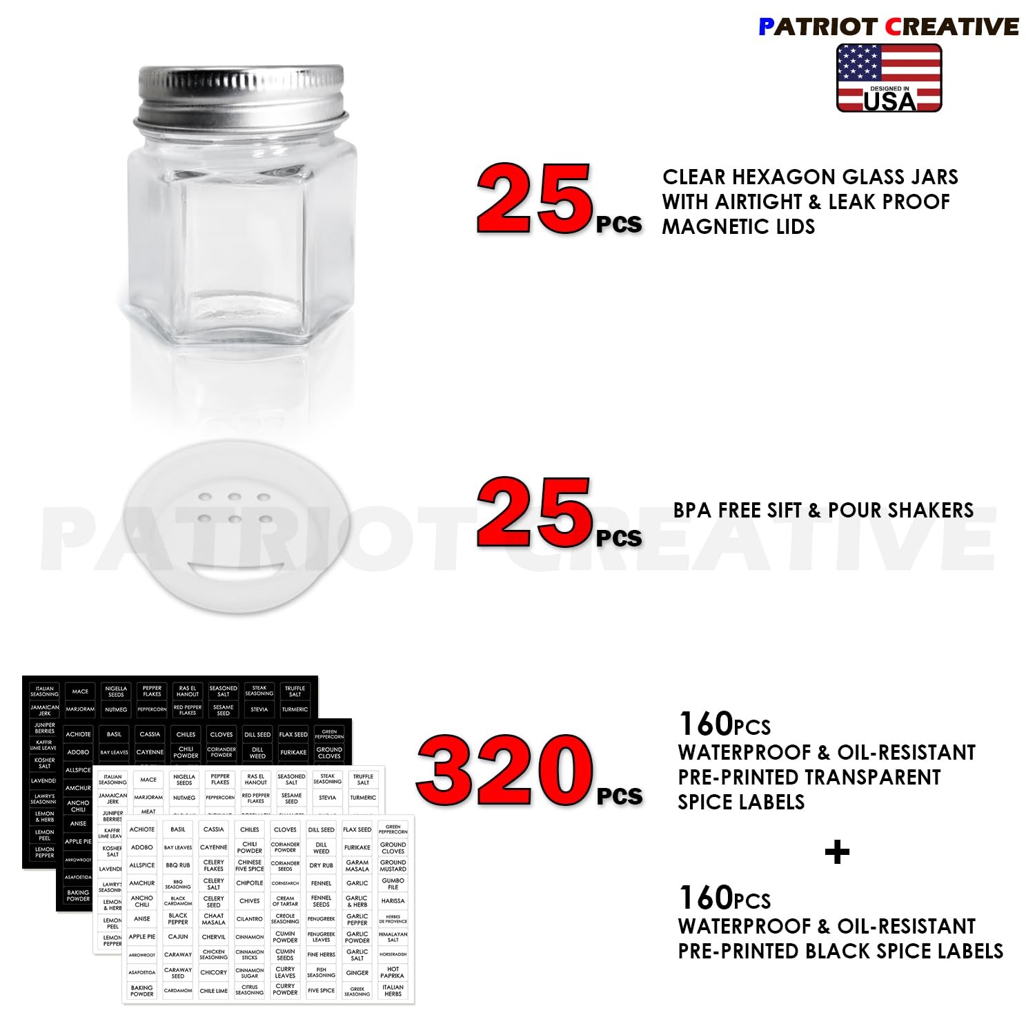 Patriot Creative Patriot Set Of 25 Hexagon Glass Spice Jars Shaker Lids And