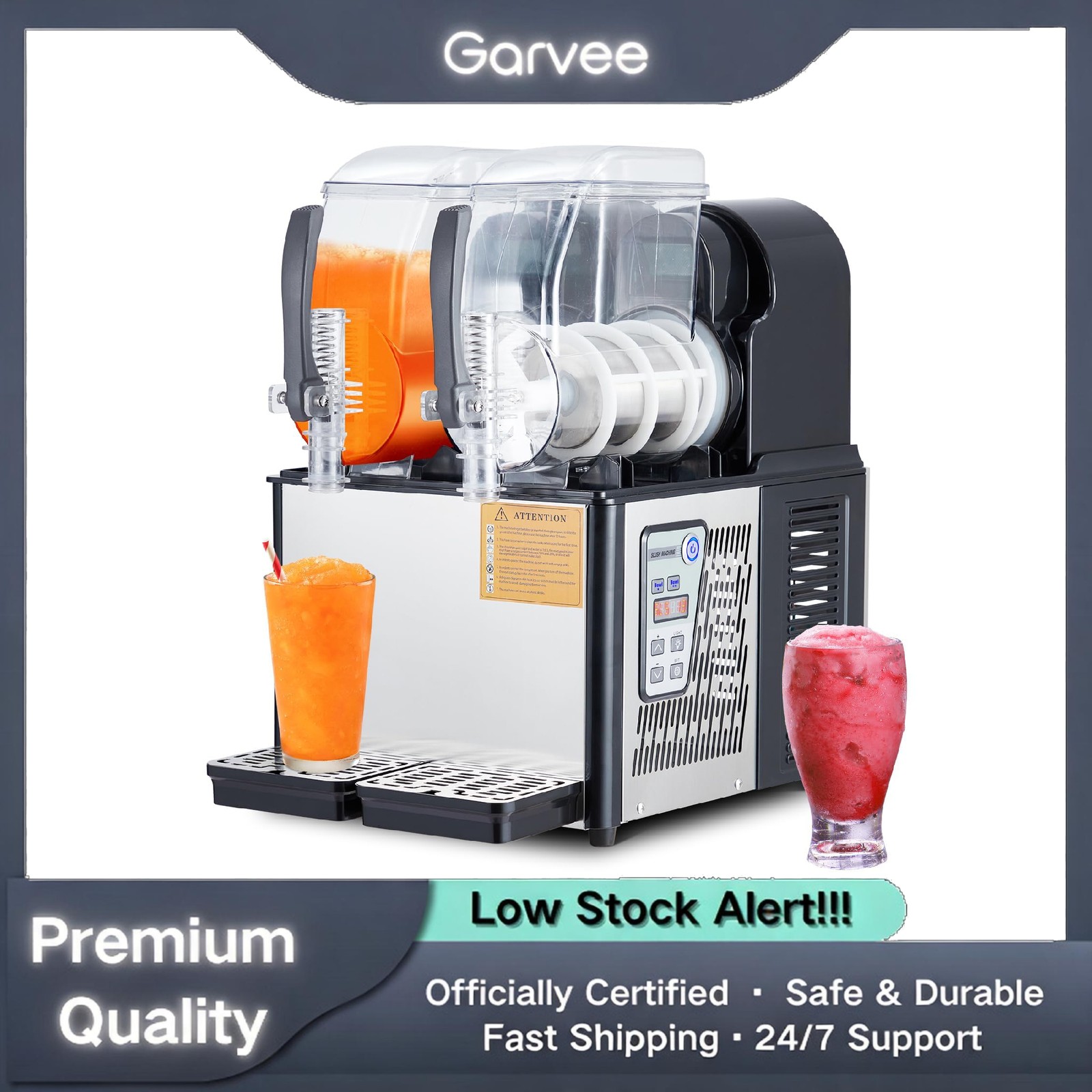 Commercial Slushie Maker, Dual 4L SS Tanks, Self-Cleaning, 370W, 7.2L