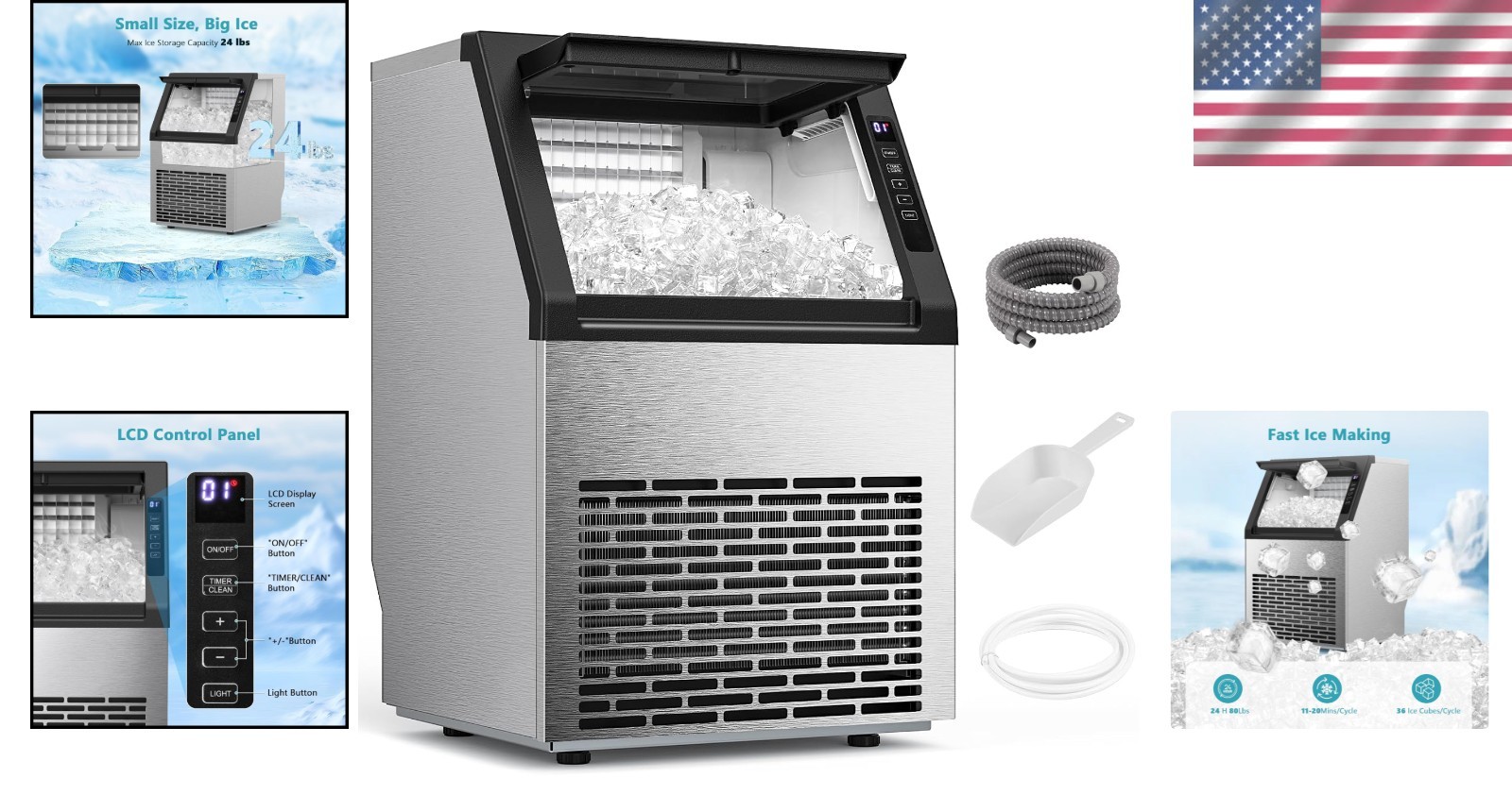 Commercial Ice Maker with 24Lbs Storage – Perfect for Outdoor Events & Offices