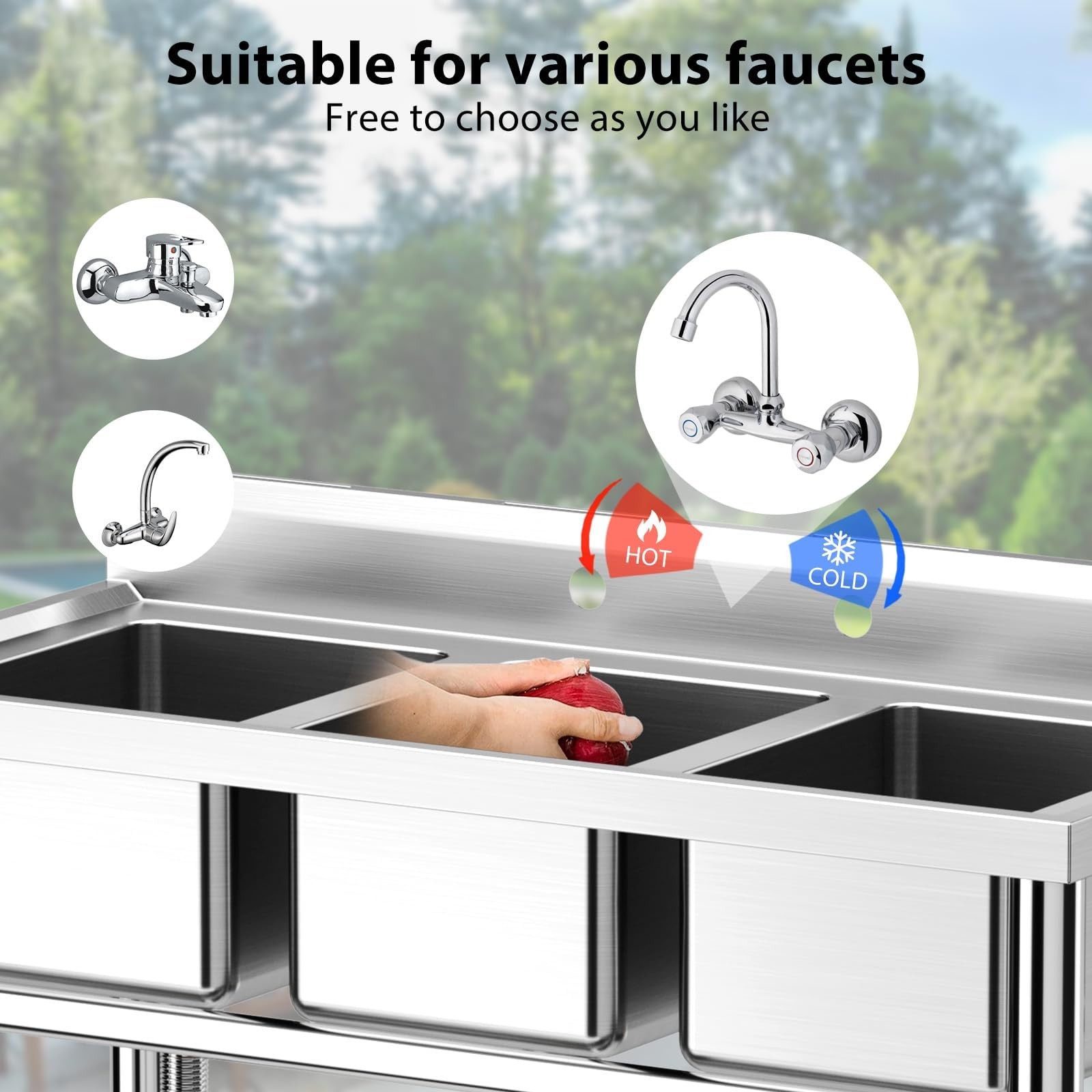 Kitchen Sink Stainless Steel Commercial 3 Compartment Utility Sink W/ Backsplash