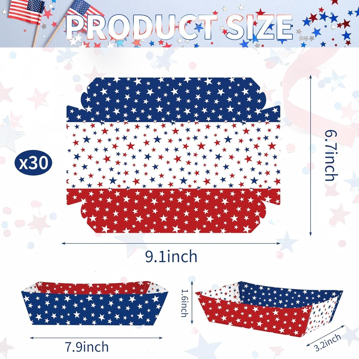 Patriotic Food Trays Disposable Paper Boats Snacks 30 Pack Red White Blue