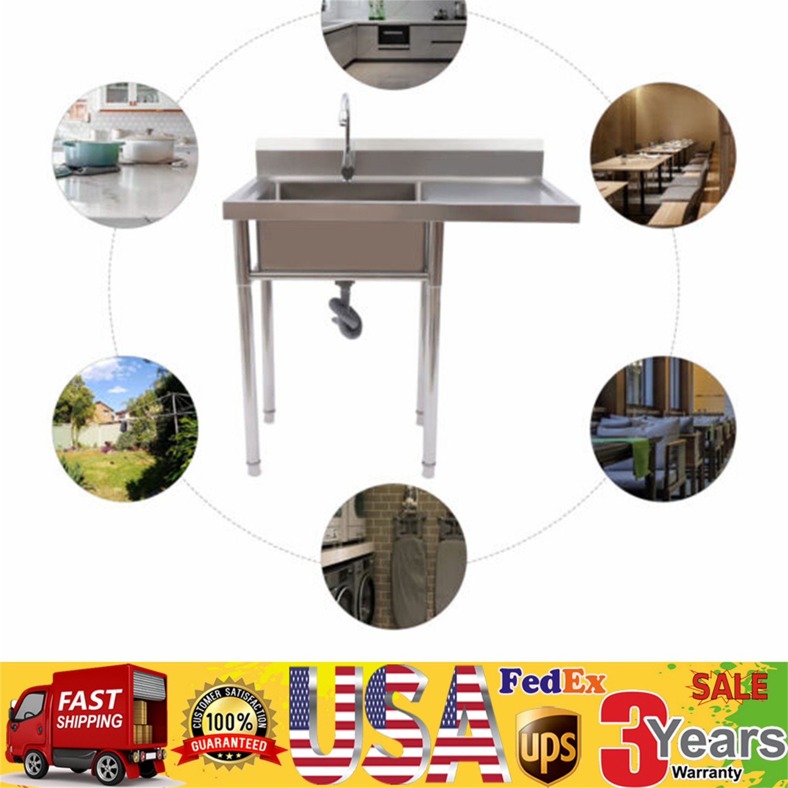 Commercial Restaurant Kitchen Sink with Faucet Free Standing Single Bowl Sink