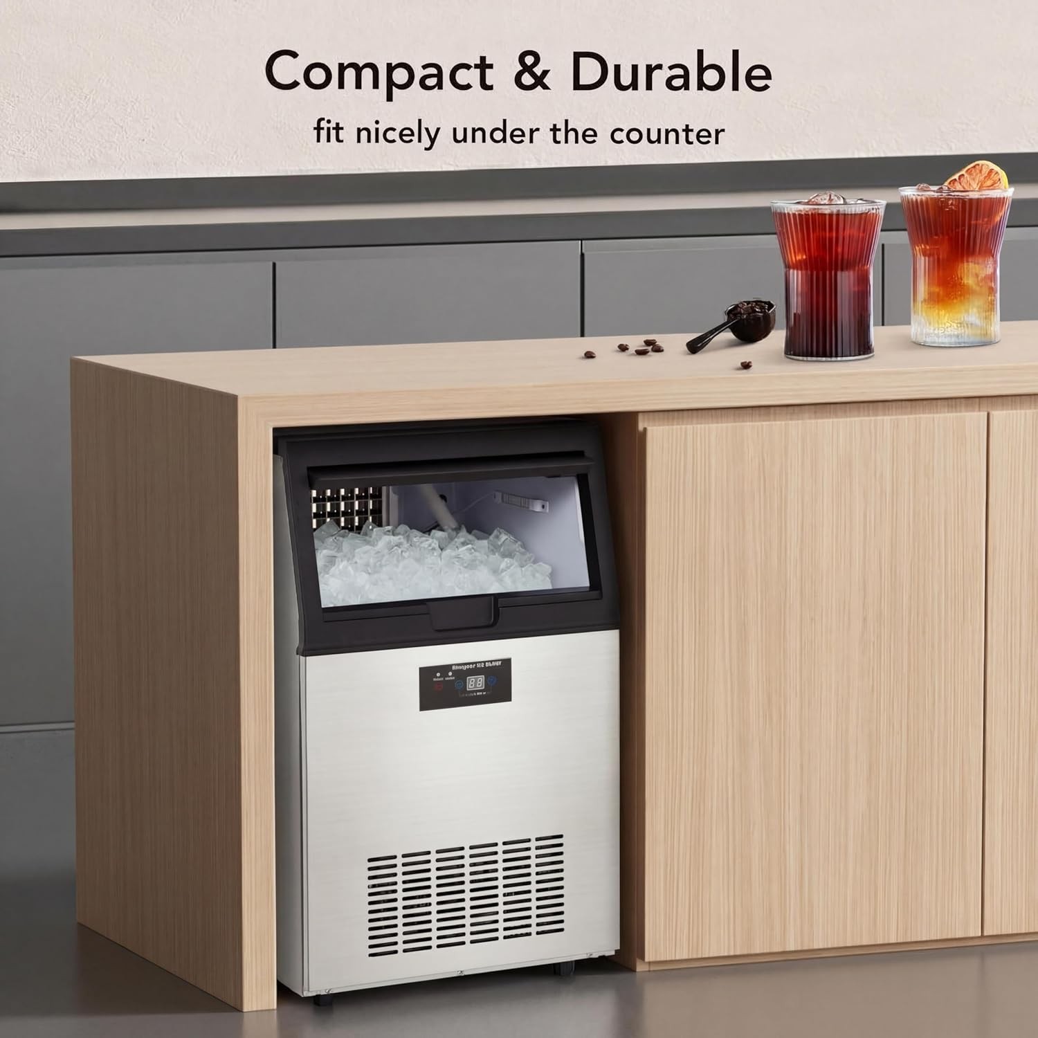 80LBS/24H Ice Maker 33LBS Storage 6 Sizes Quiet Stainless Steel Undercounter