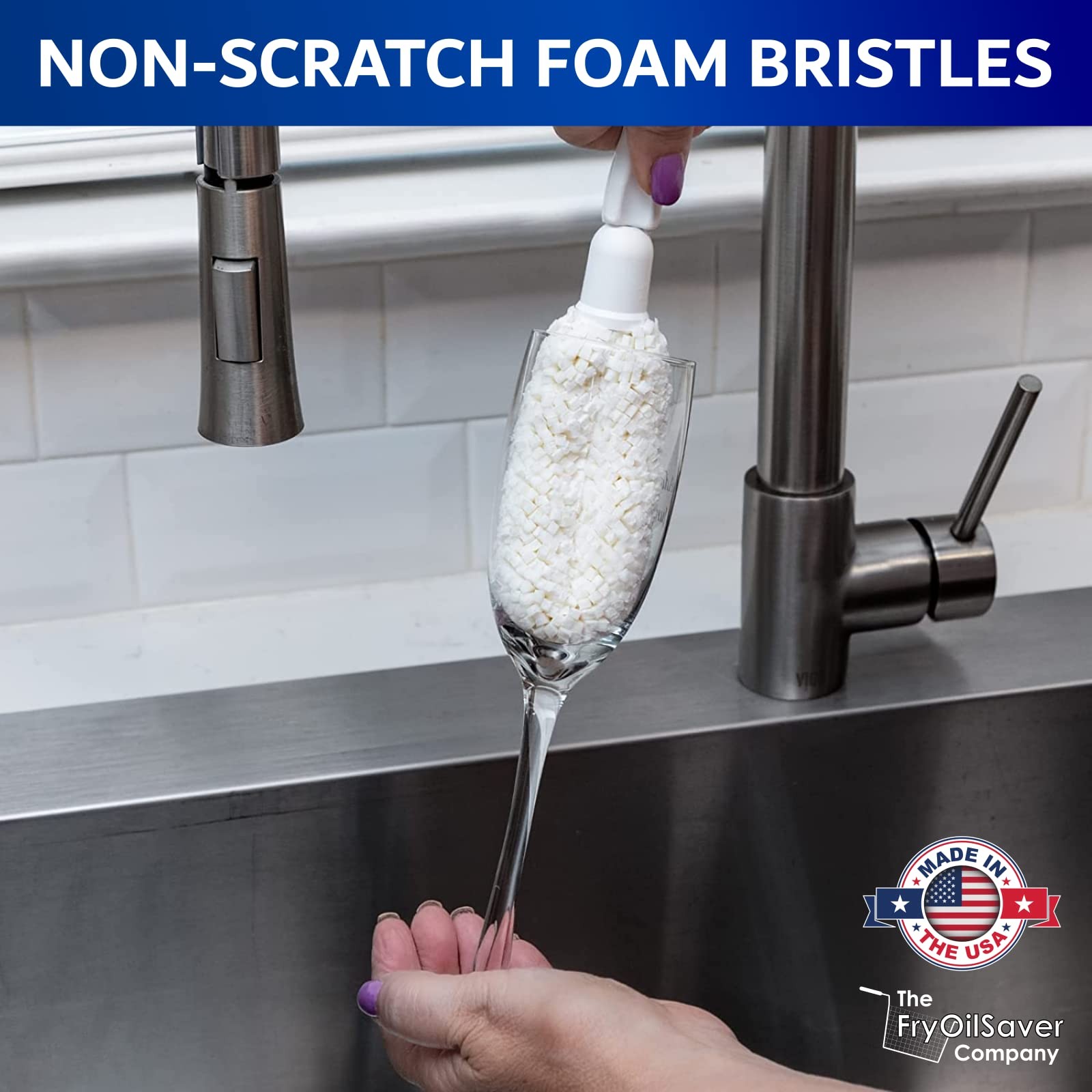 Flute and Stemware Wine Glass Cleaning Brush – 9.5 x 2.5 x 1 inches, White