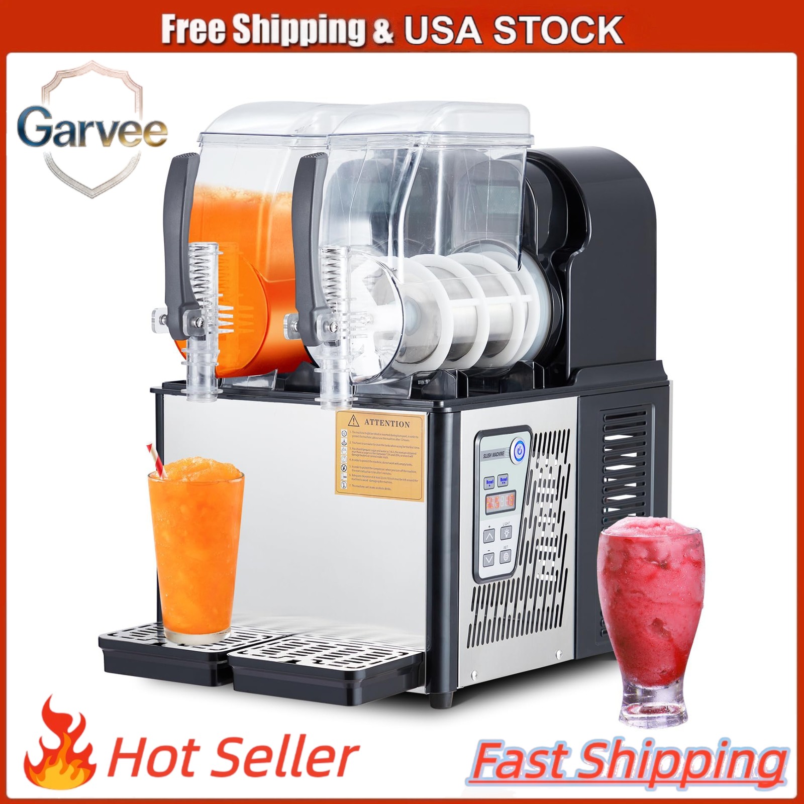 370W Dual 4L Commercial Slushie, SS Tanks, Self-Cleaning, 7.2L, Carbon Handle