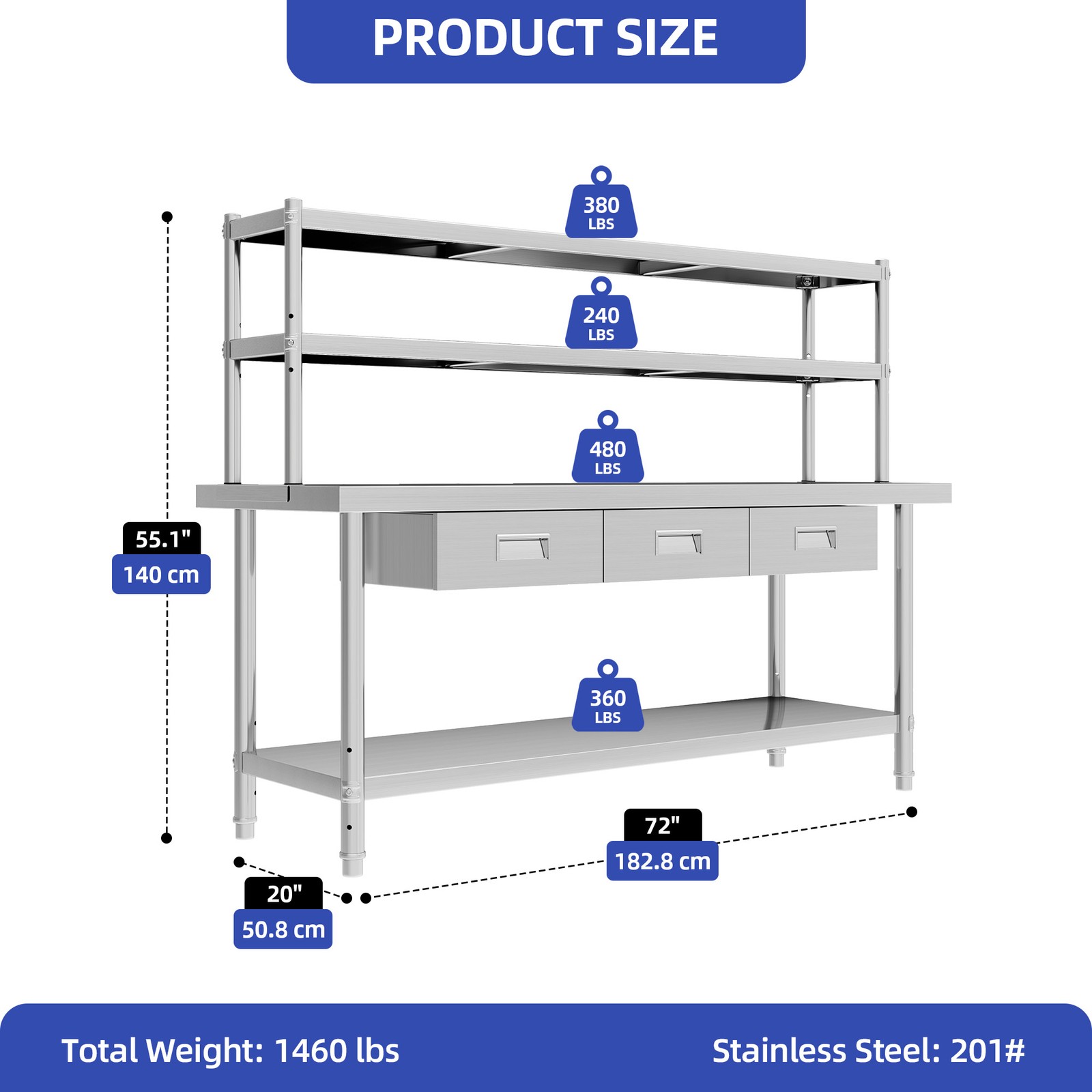 72″ X 24″ Worktable Stainless Steel Table with Overshelves with 72″ X 12″ Shelf