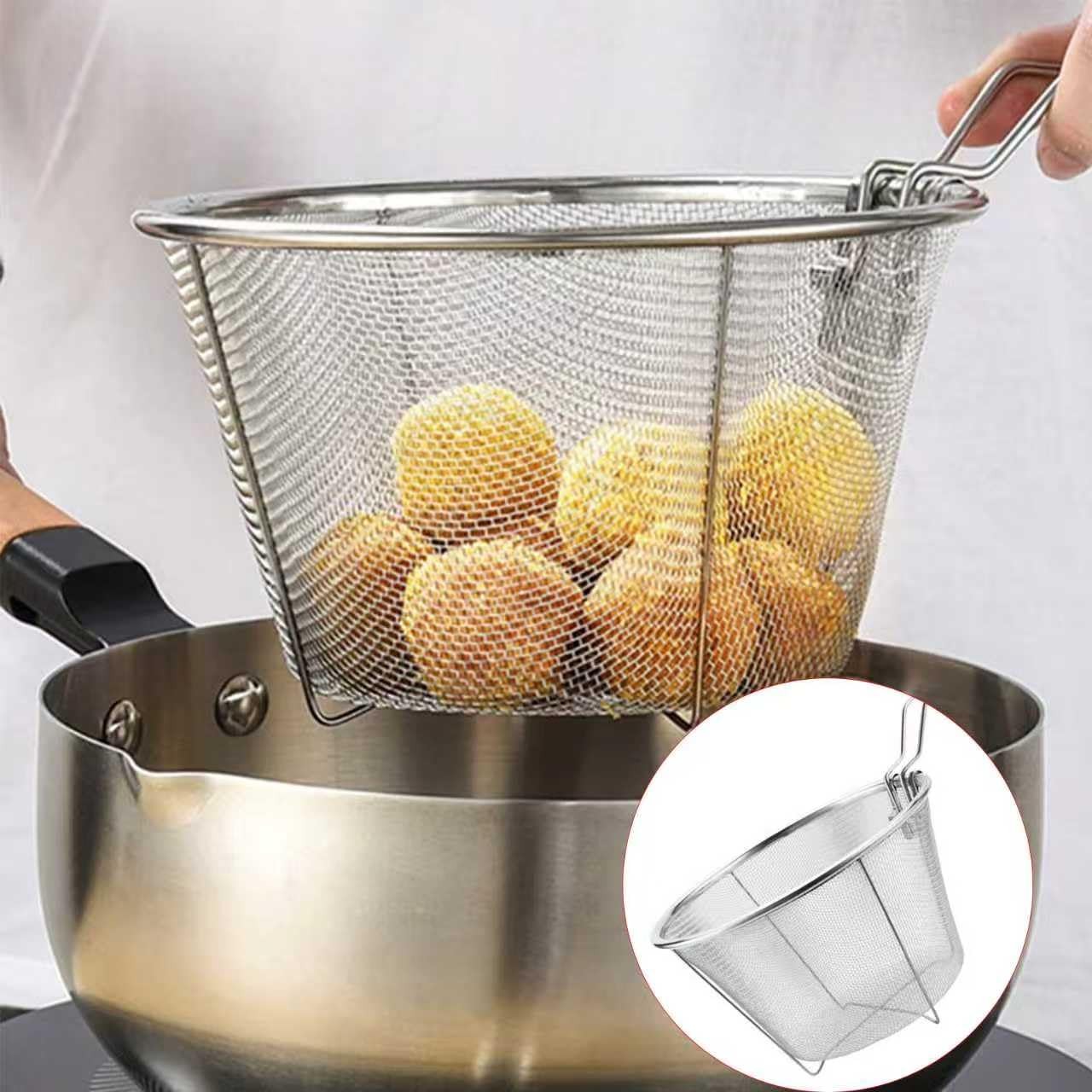 7Inch Round Stainless Steel Deep Fryer Basket，Features a Foldable Handle for …