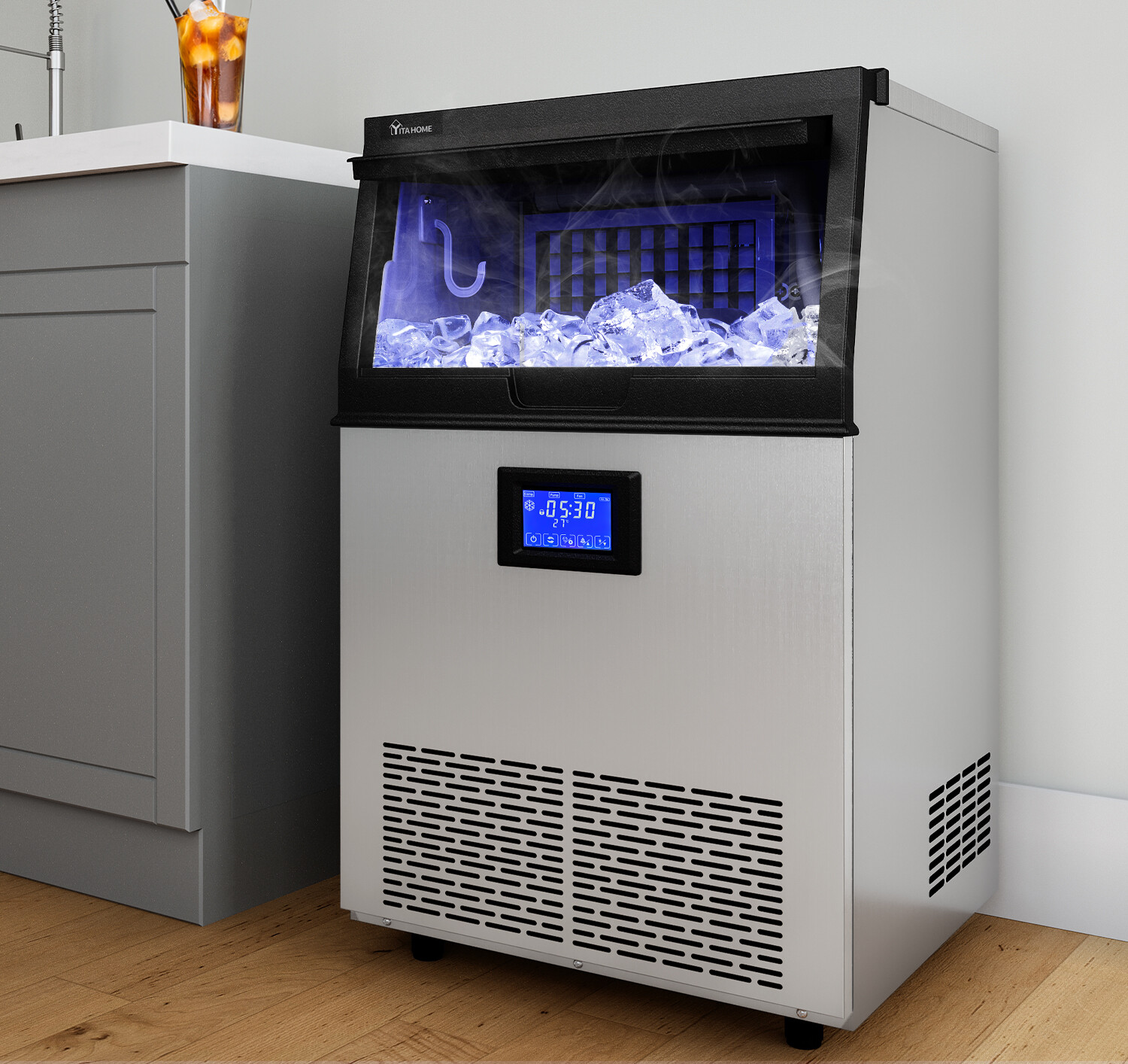 Qaualma 120LBS/24H Commercial Ice Maker Stainless Freestanding Ice Cube Machine