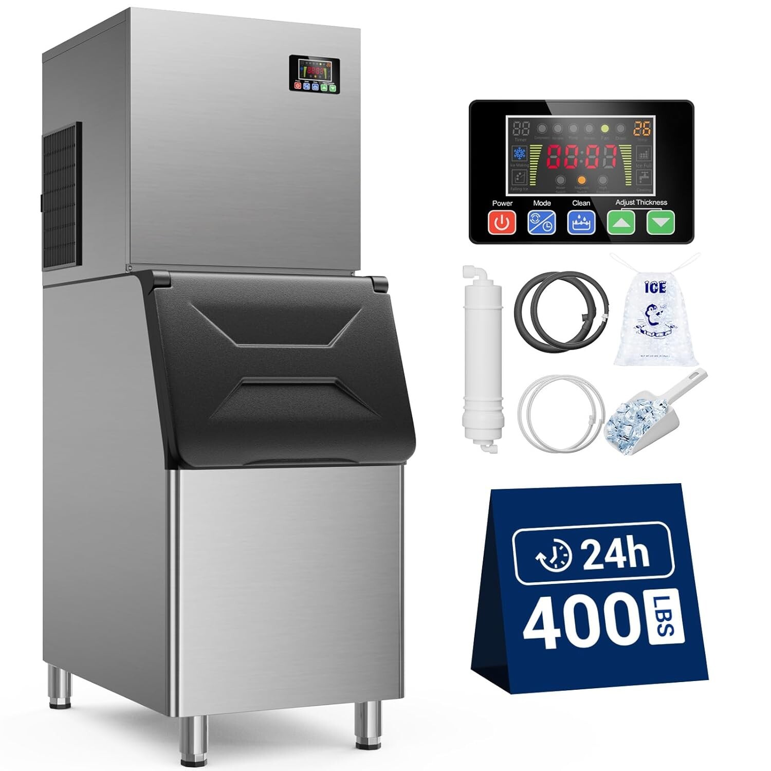 Commercial Ice Maker 400LBS/24h with 350LBS Storage Bin, 132Ice Cubes in 5-15min