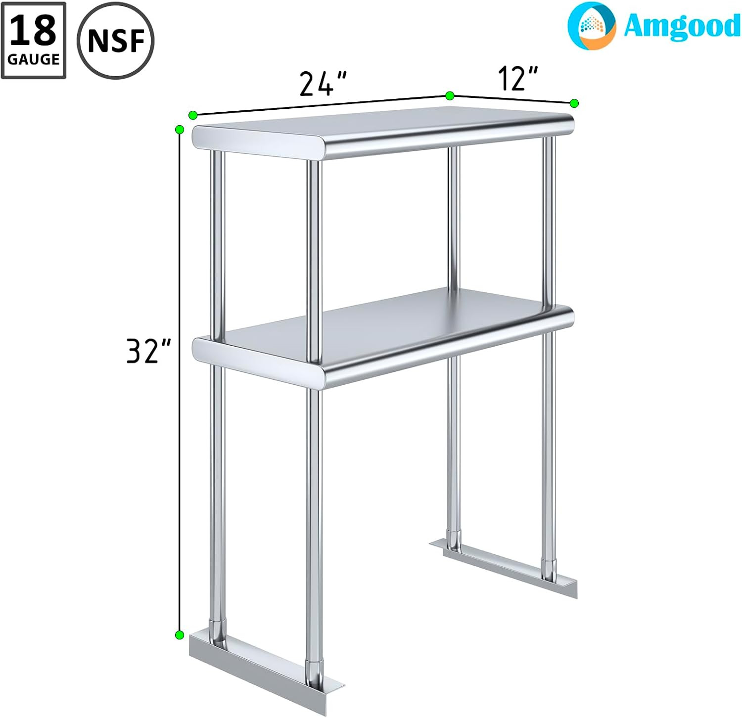 Amgood Double Overshelf Stainless Steel NSF – Many (24″ Long X 12″ Deep)
