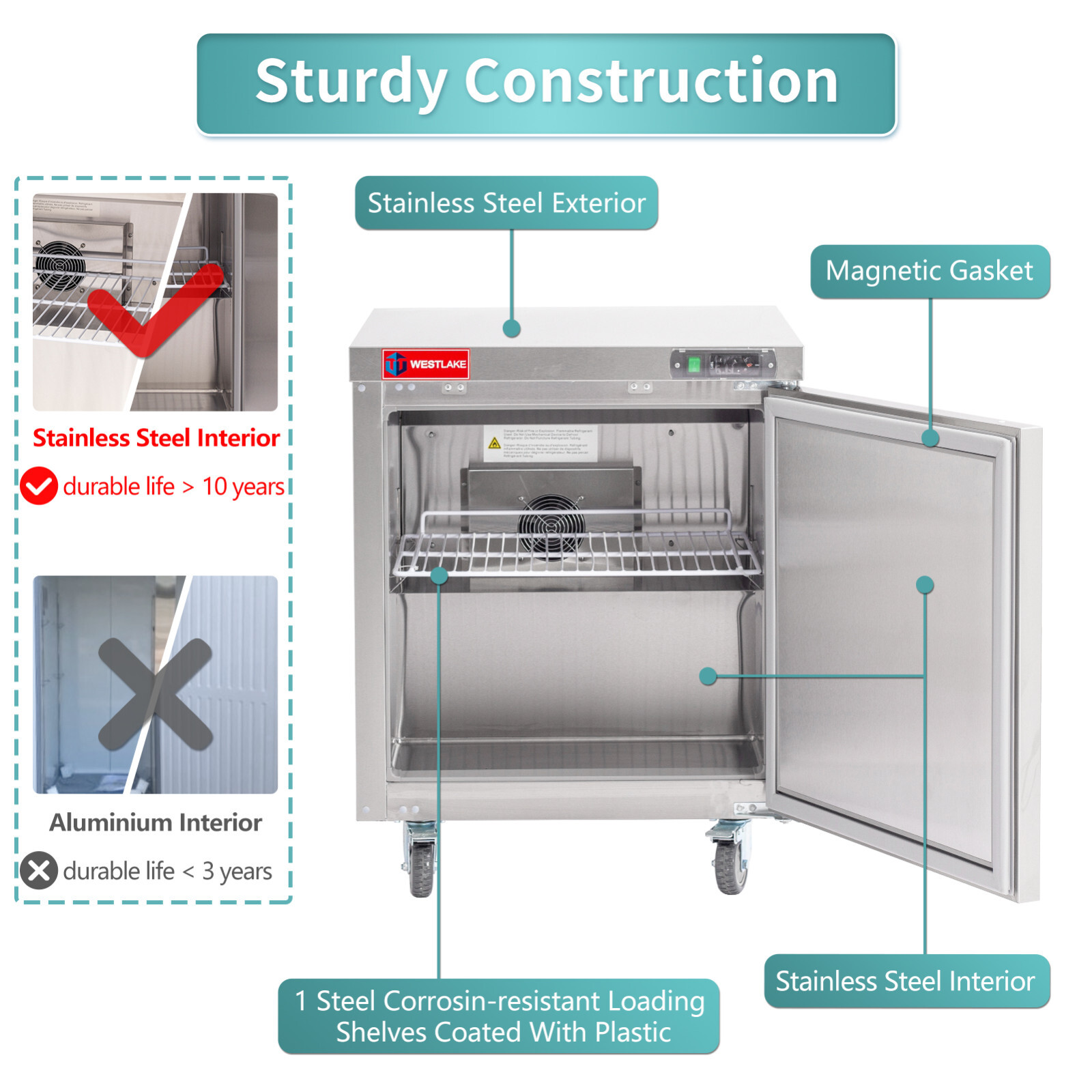 Commercial Undercounter Fridge, WESTLAKE 1 Door 28″ W Worktop Cooler 6.3 Cu.ft
