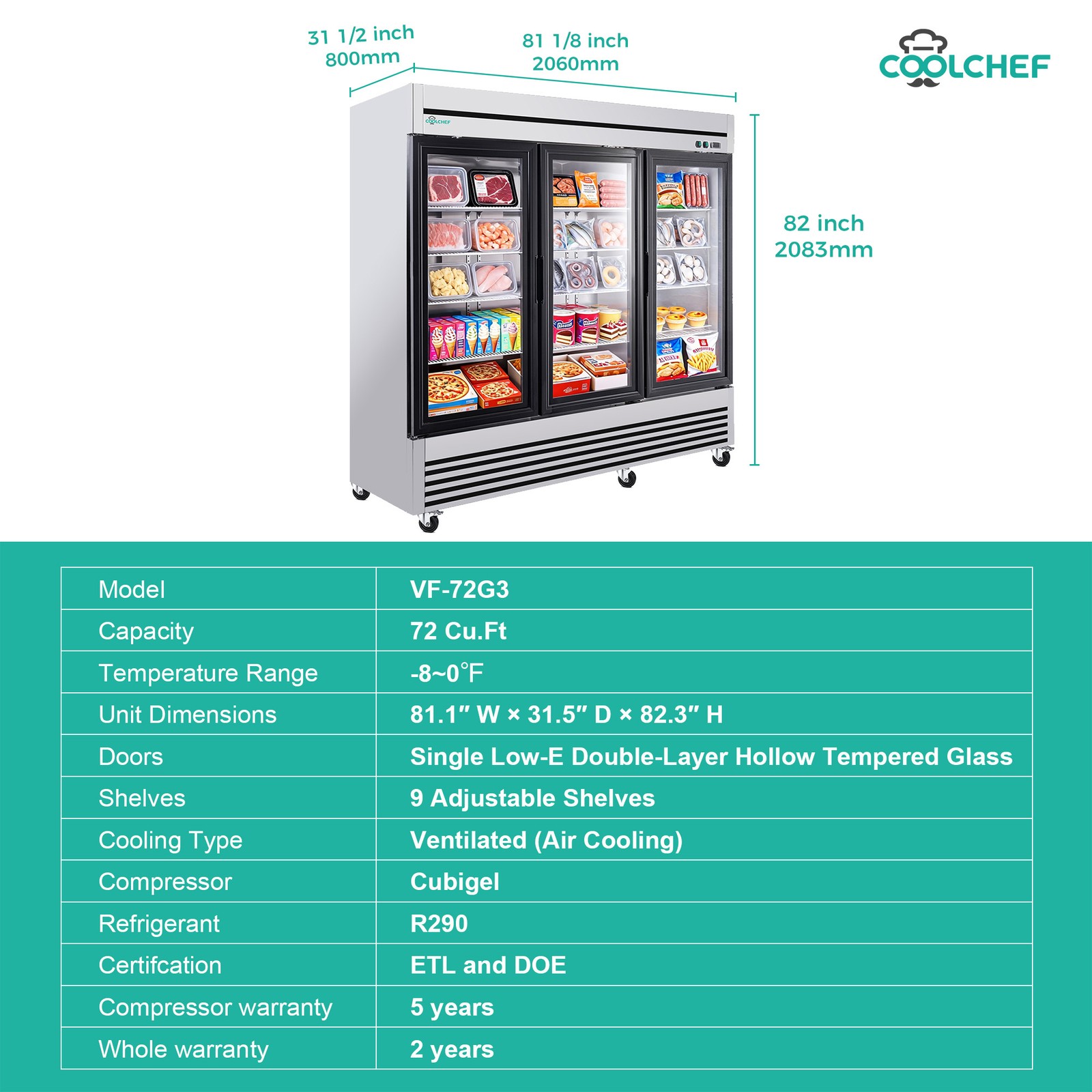 Commercial 81» Reach-In Refrigerator Stainless Steel Glass 3 Doors 72 Cu.ft.