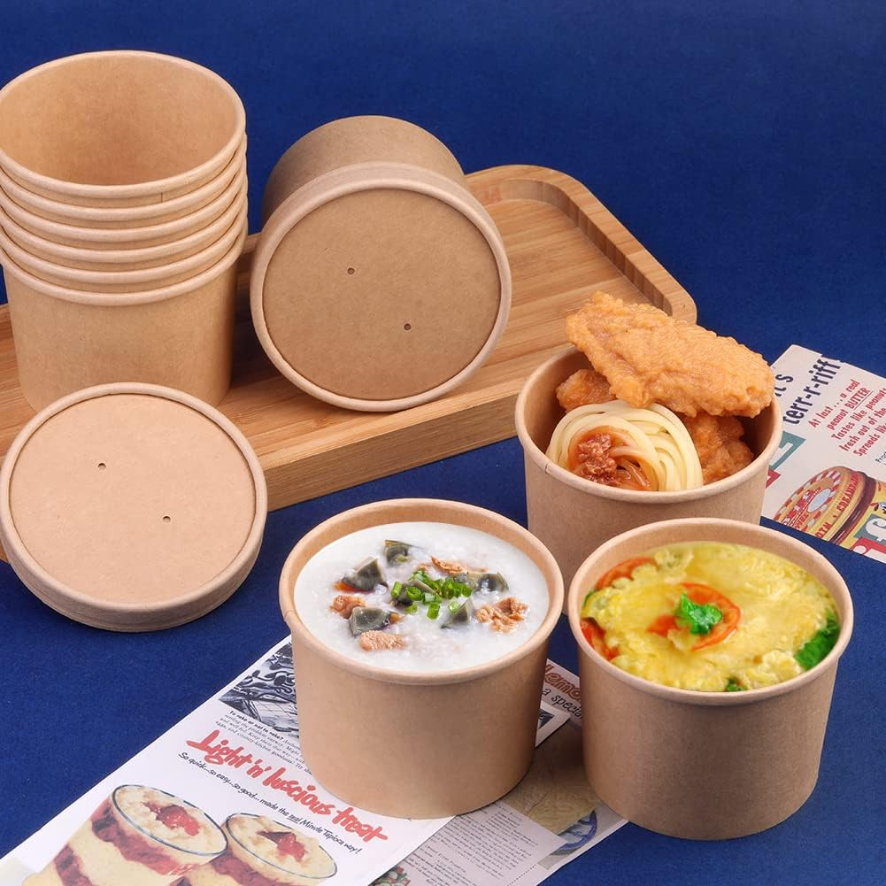 50 Pack 12 Oz Paper Soup Cups with Lids Disposable Kraft Paper Soup Bowls
