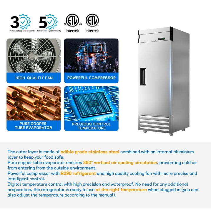 27» Commercial Reach-In Freezer Solid Door Stainless Steel Restaurant 23 Cu.Ft