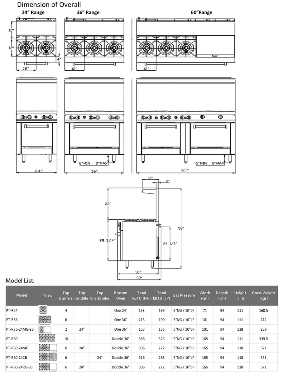 Patriot PT-R60-24MG Commercial 6-Burner Natural Gas Range with 24″ Griddle 60″W