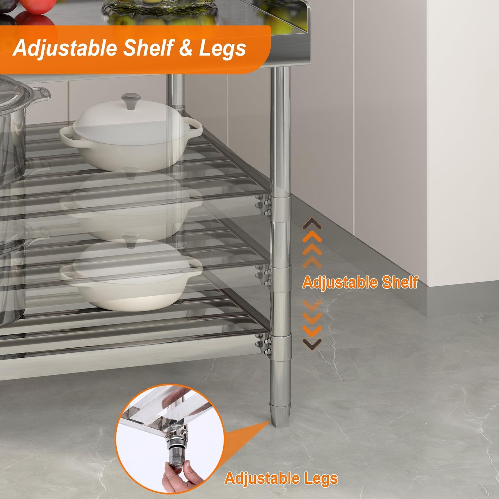 36 x 30/48 X 24 Inch Stainless Steel Table with Backsplash for Prep & Work Home