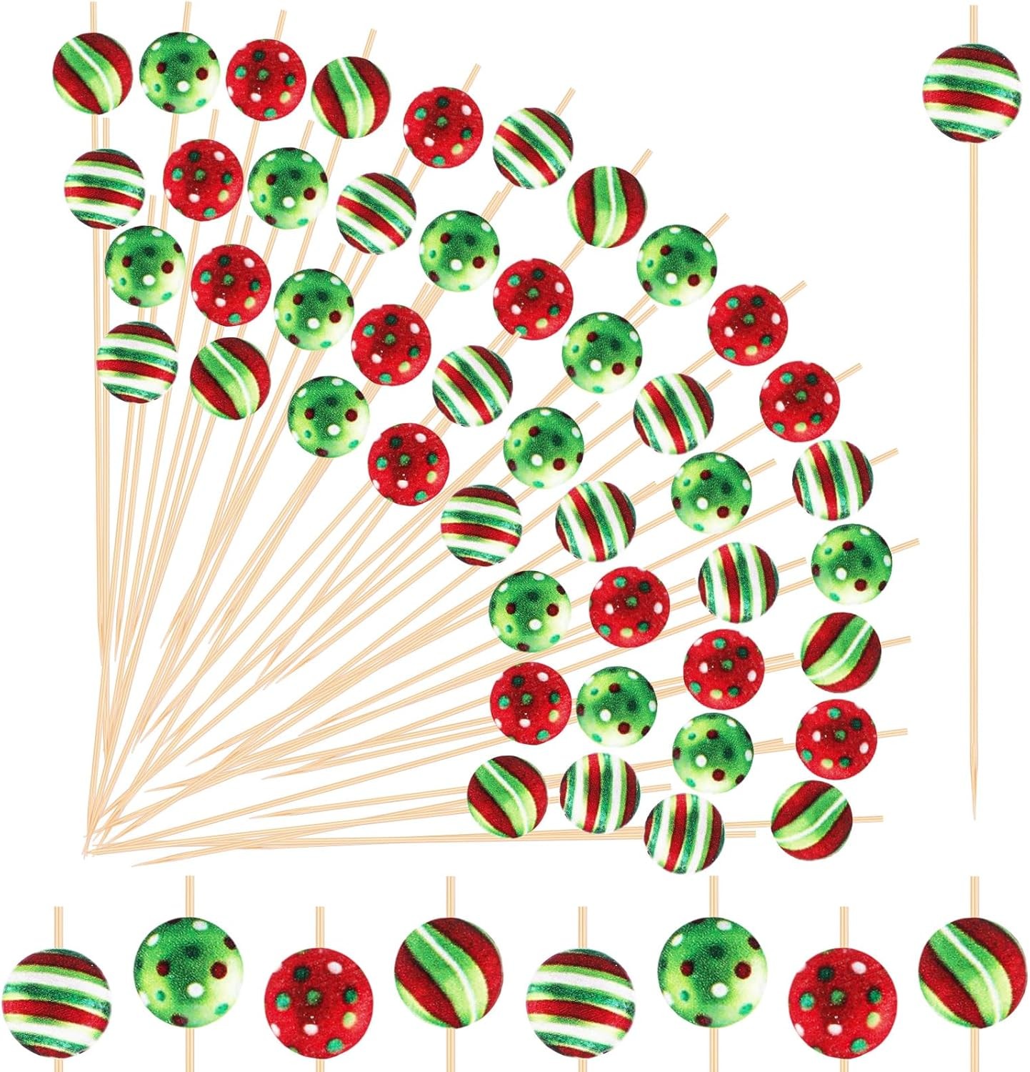 160 Pcs Christmas Cocktail Picks Xmas Ball Red Green Wooden Toothpicks for
