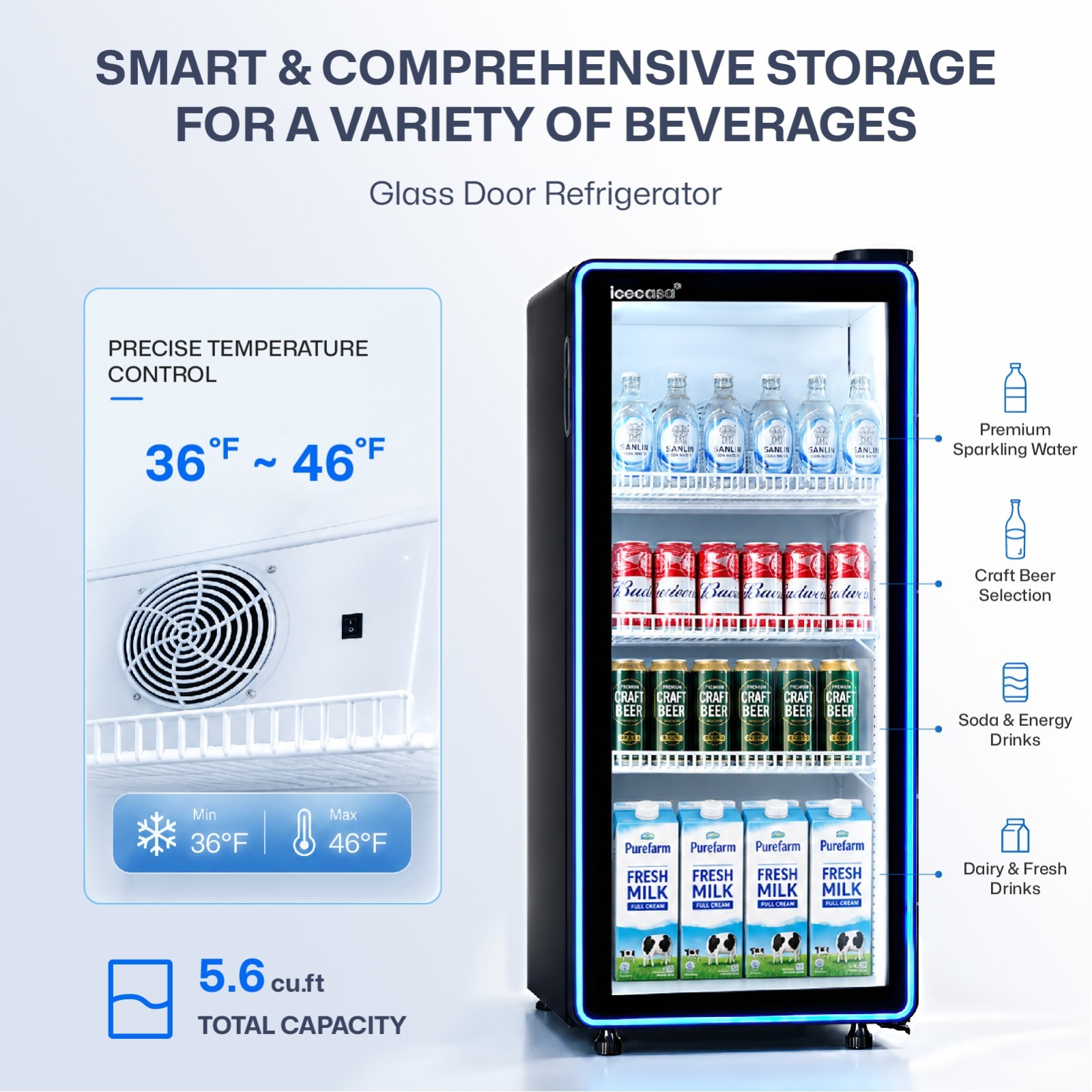 ICECASA 5.6 Cu.ft Upright Beverage Refrigerator Glass Door Merchandiser Showcase