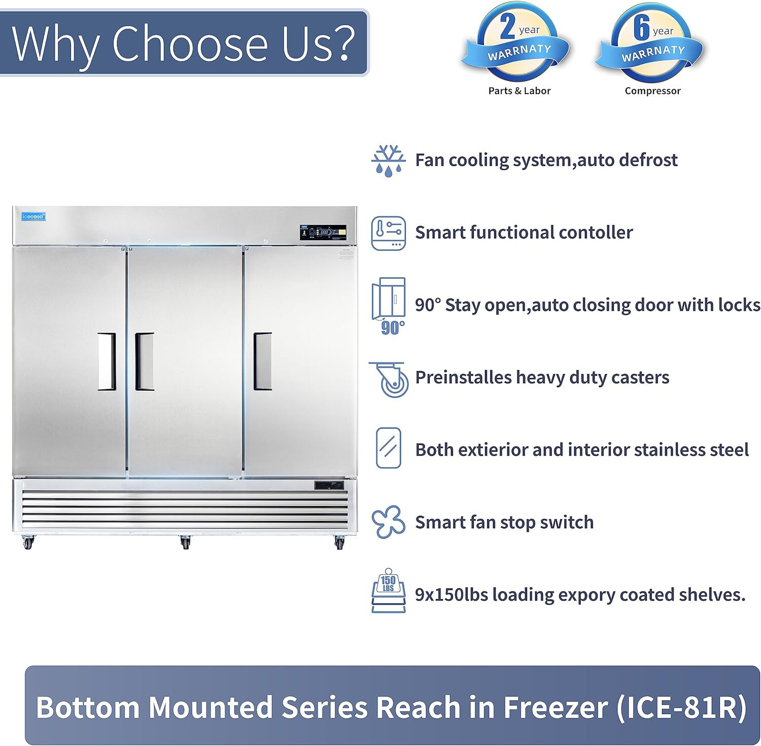 82″ Commercial Freezer, ICECASA 3 Door Commercial Reach-In Freezer 72 Cu.ft