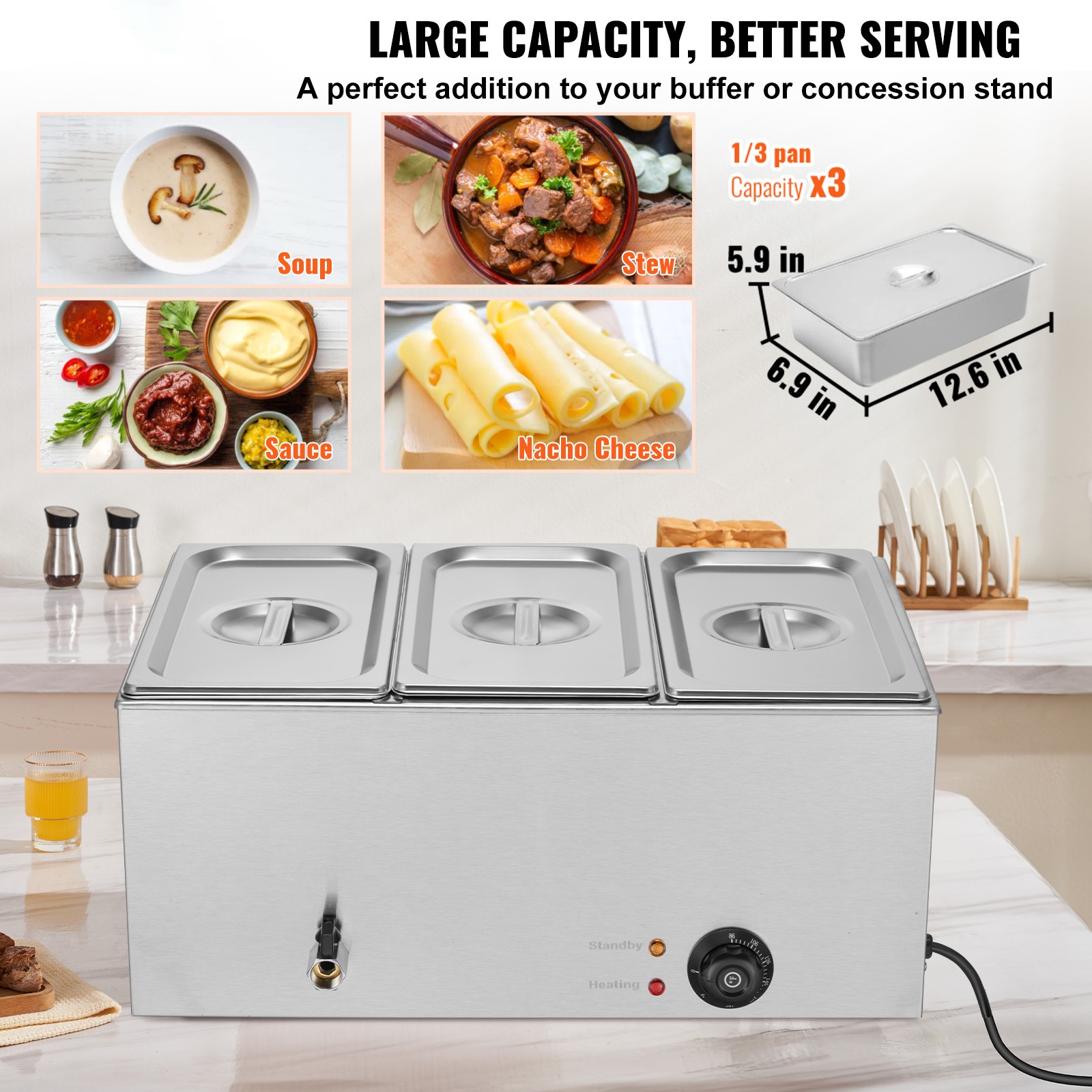 Commercial Electric Food Warmer 3-Pan Countertop Buffet 17.4QT Bain Marie