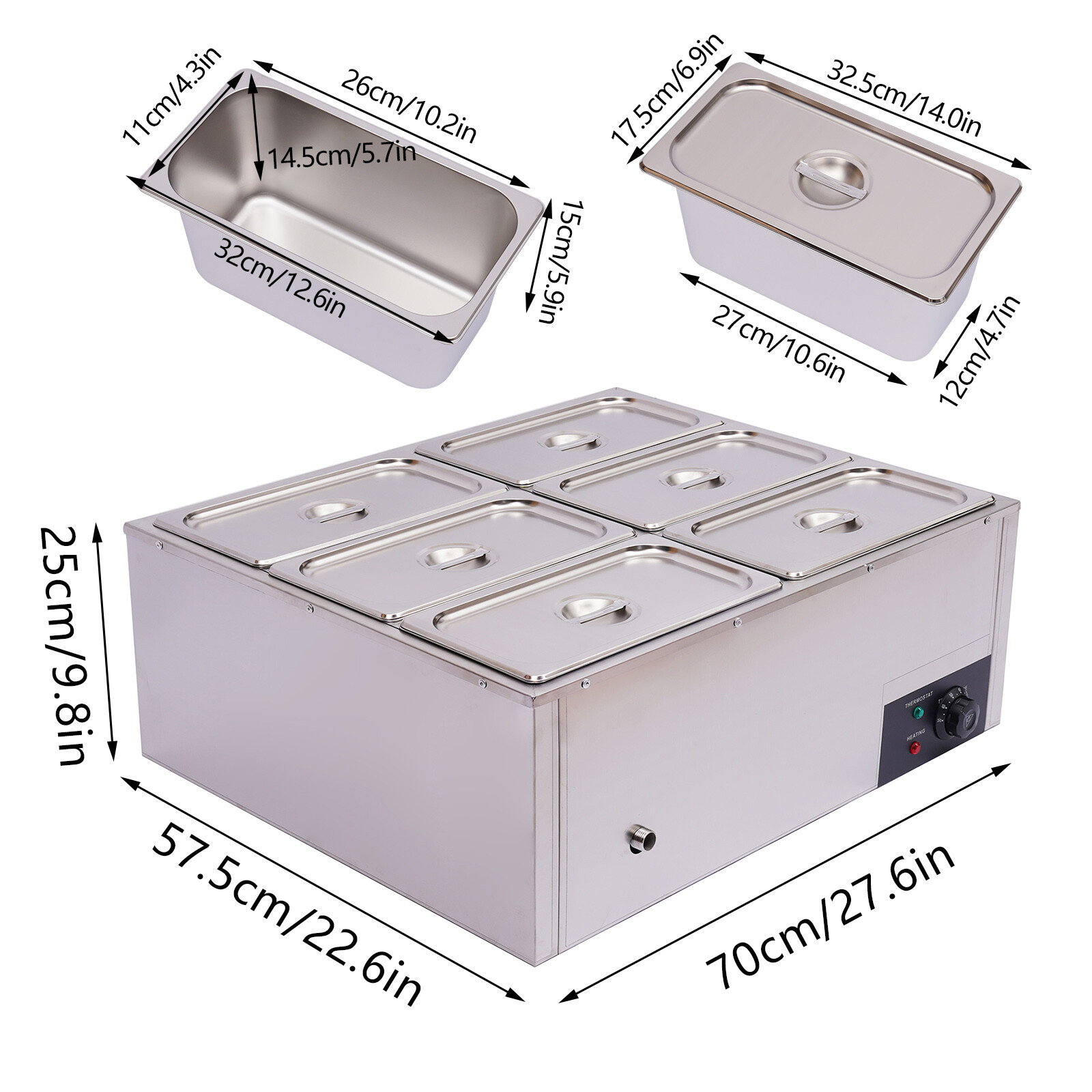 Electric 6-Pot Stainless Steel Food Warmer 850W 30–85°C Bain Marie Countertop