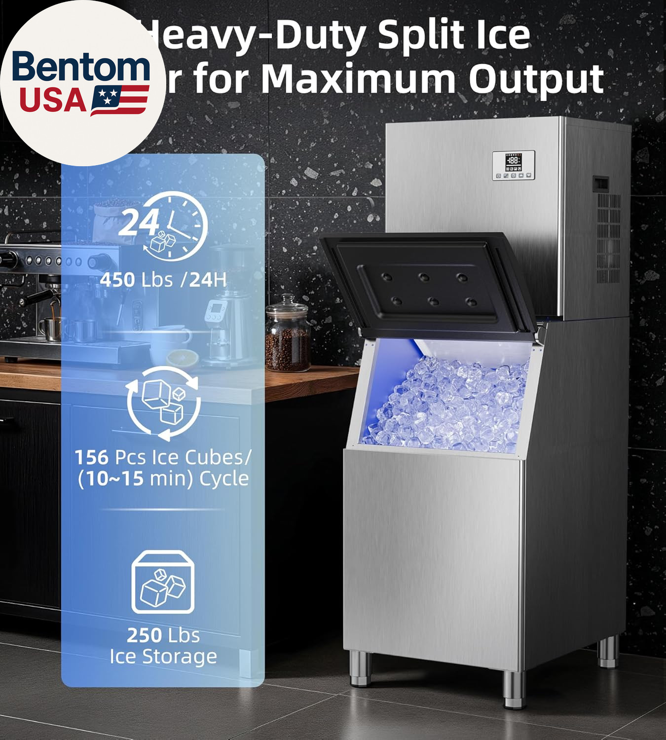 Commercial Ice Maker Machine 450Lbs/24H with 250Lbs Storage, Self-Cleaning Mode,