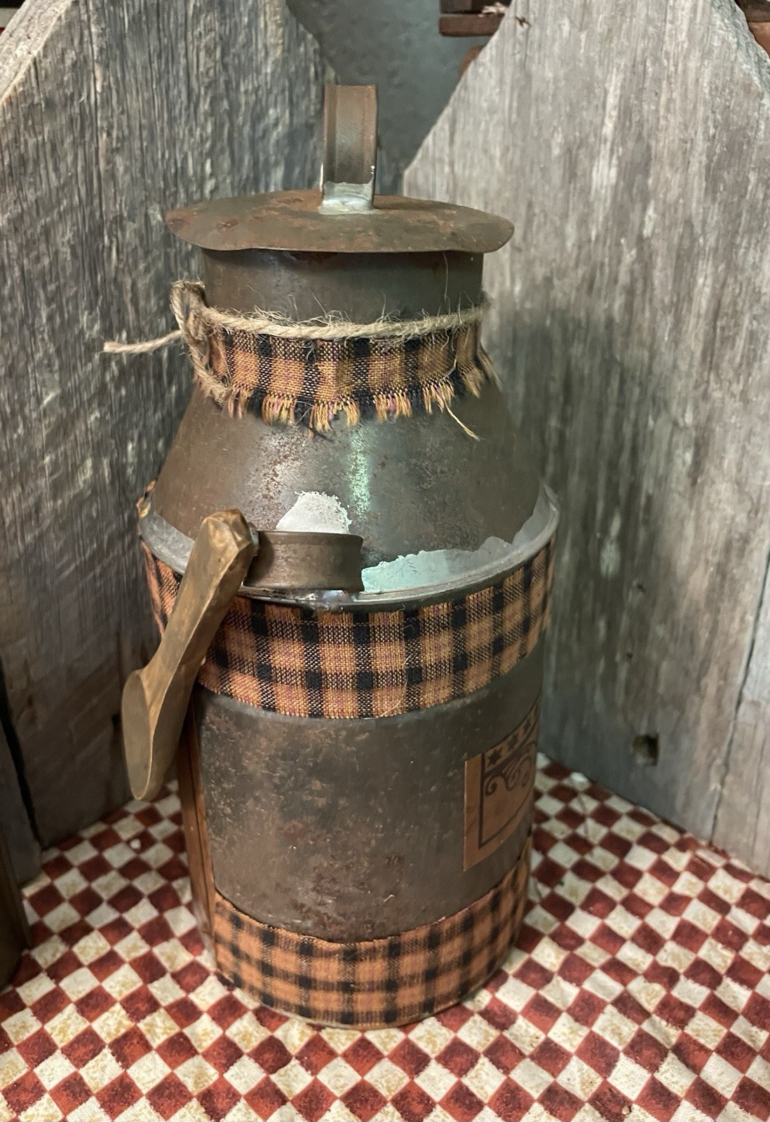 VTG PRIMITIVE FARMHOUSE Decor REPURPOSED MILK CAN “ROASTED COFFEE + SPOON