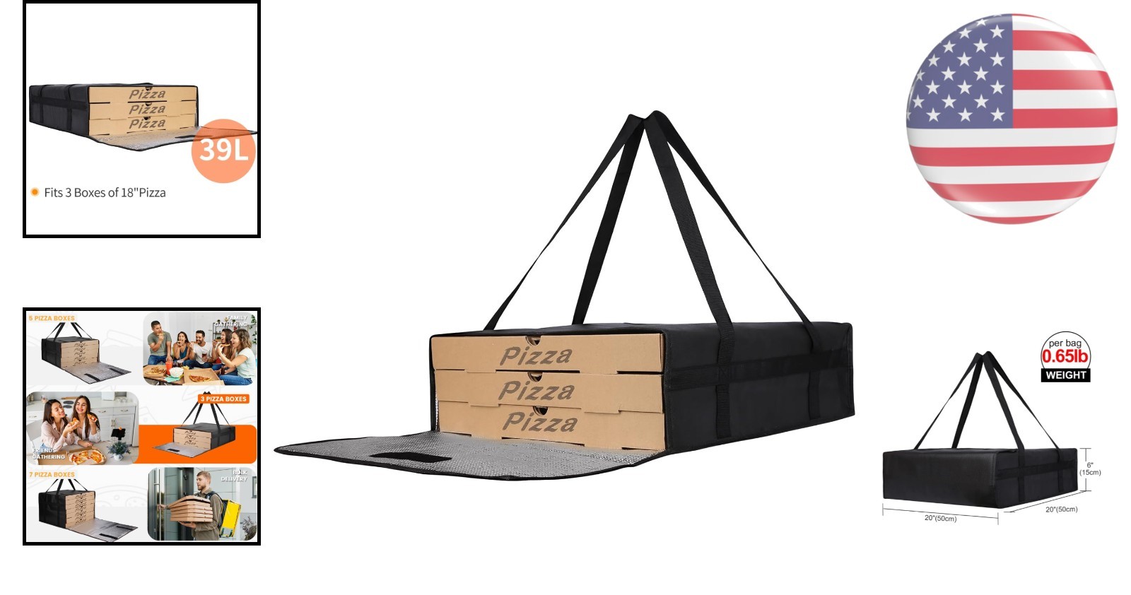 Pizza Warmer Bag – Insulated, Easy-Clean, 20″ x 20″ x 6″ for Delivery Drivers