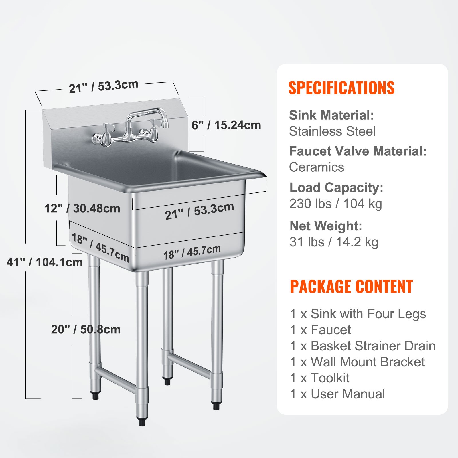 VEVOR 18″ x 18″ Commercial Utility Sink 1 Compartment Stainless Steel w/ Faucet