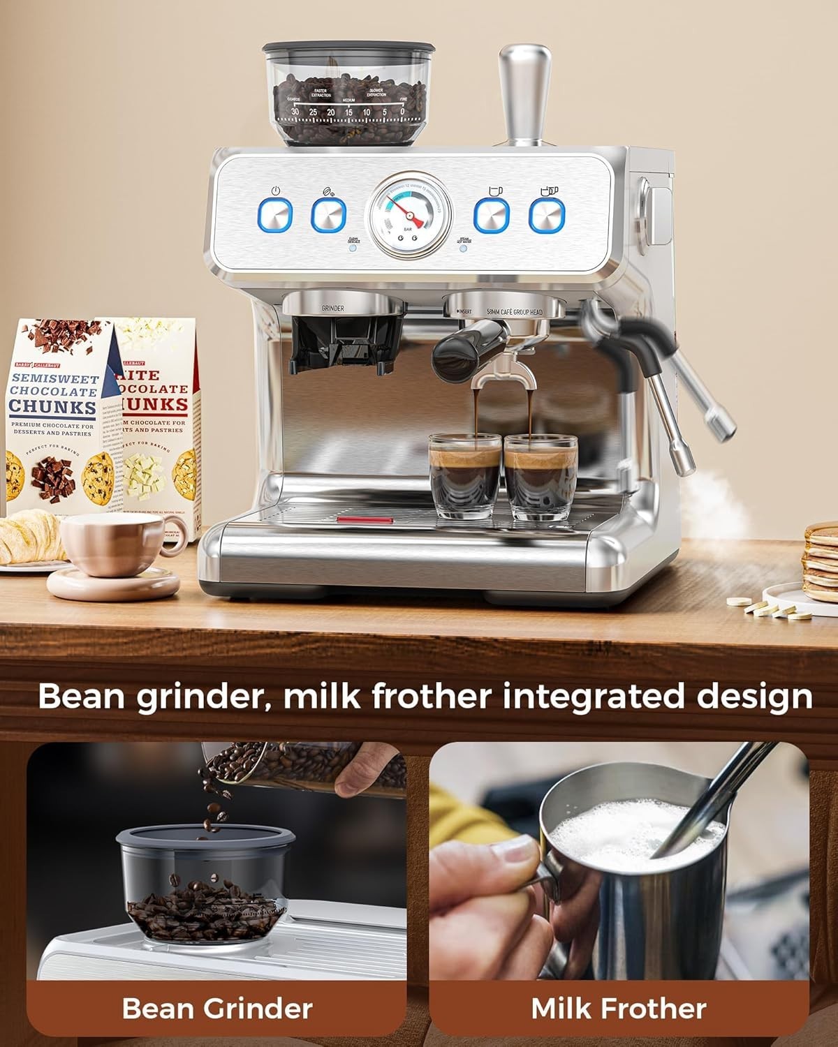 Commercial Espresso Machine 15 Bar, Semi-Automatic Coffee Maker w/ Bean Grinder
