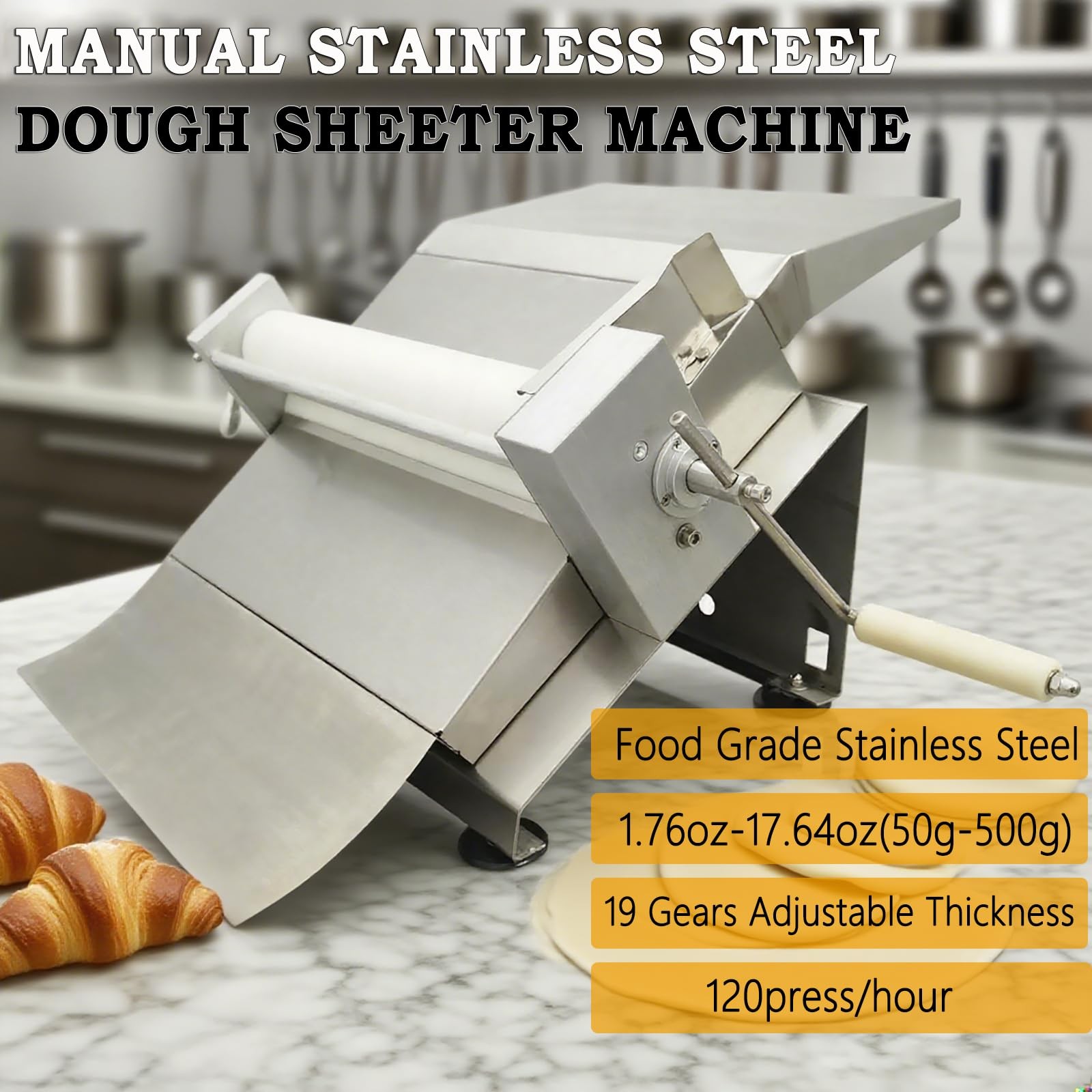 EQCOTWEA Manual Dough Roller Sheeter Machine 16.5″ Stainless Steel Pasta Press