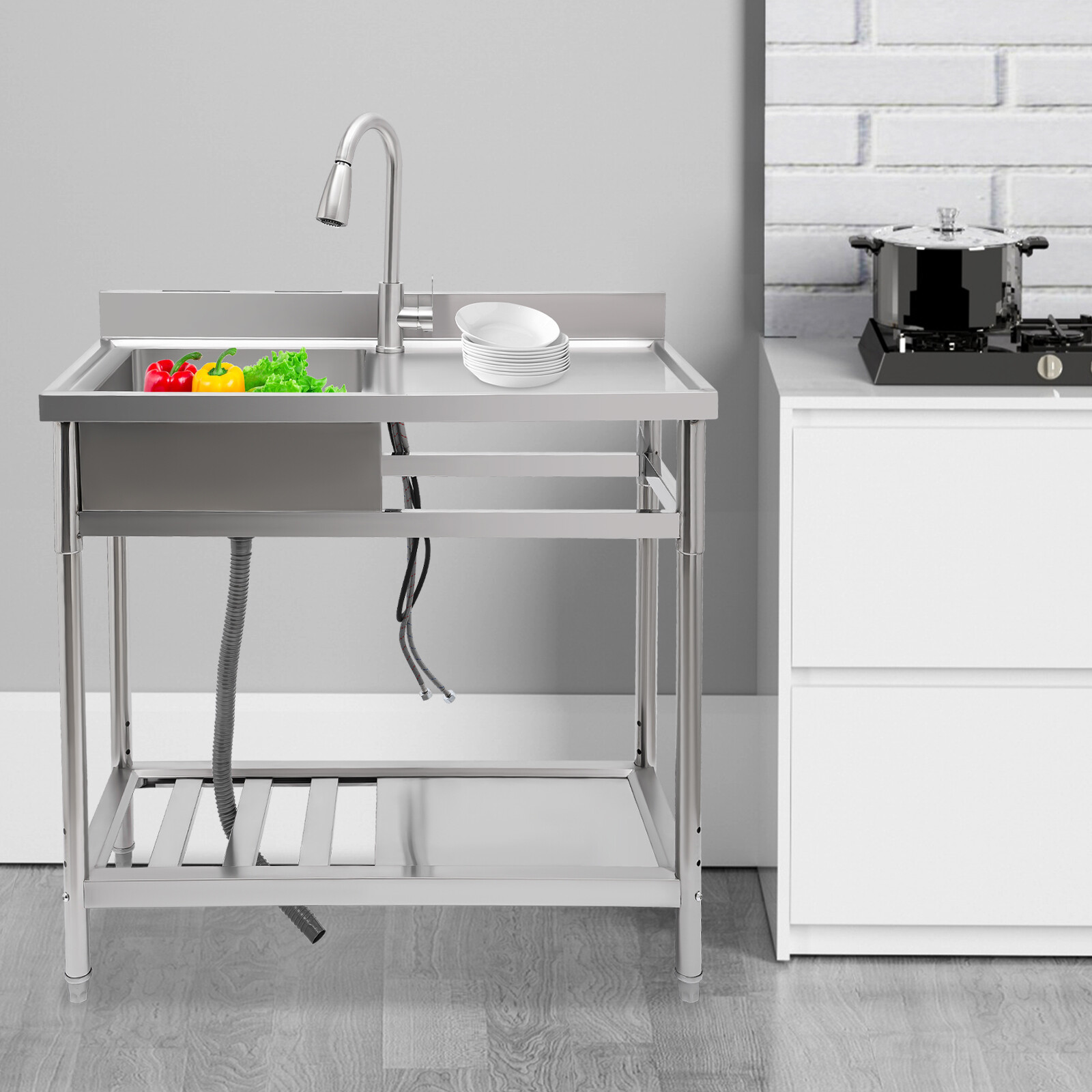 201 Stainless Steel Restaurant Kitchen Sink Silver Free-standing Kitchen Sink