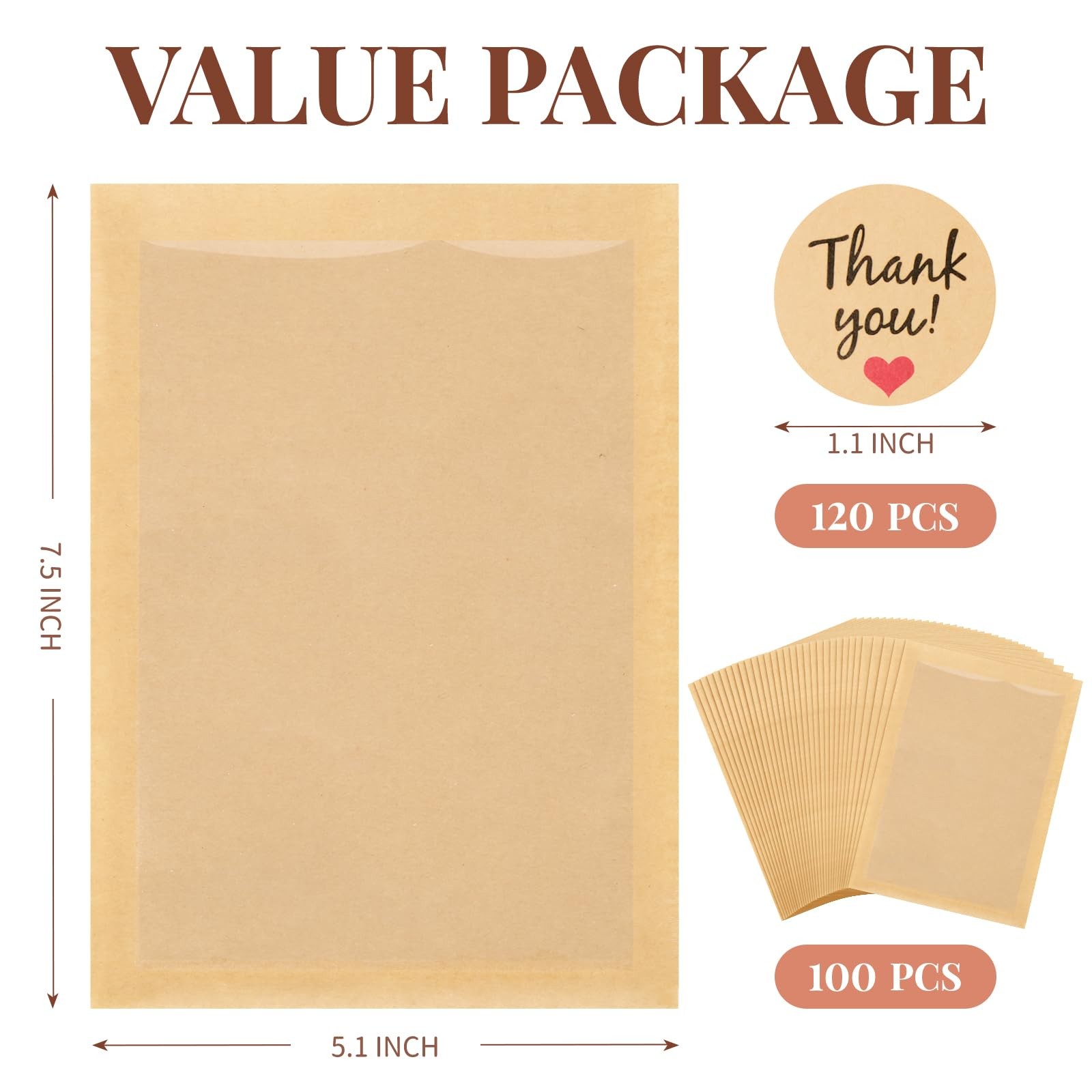ZORRITA 100 Pack Heat-Sealable Cookie Bags with Window, Small, Brown – 100