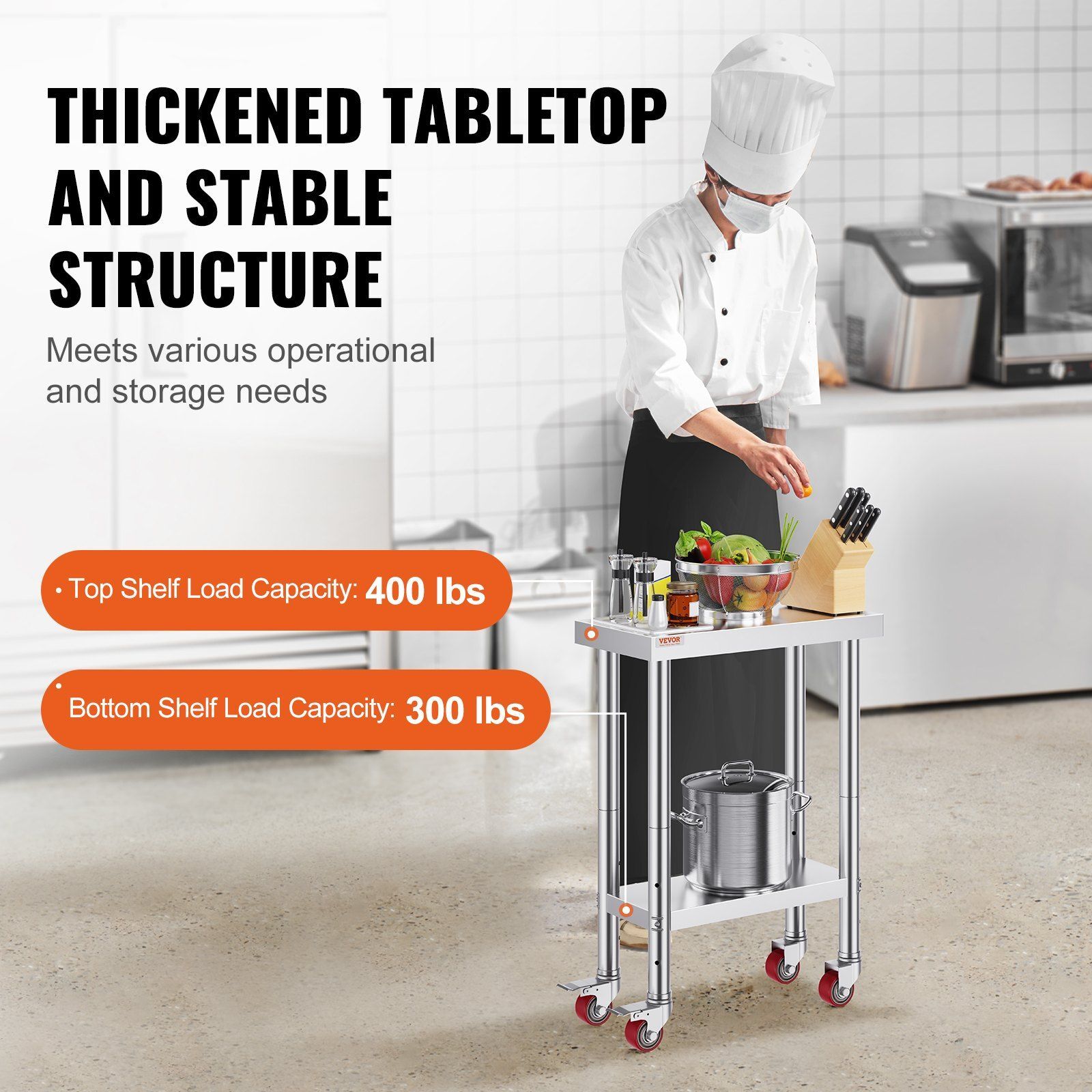 Stainless Steel Work Table w/ Wheels 24x12x32in Heavy Duty Work Table Prep Table