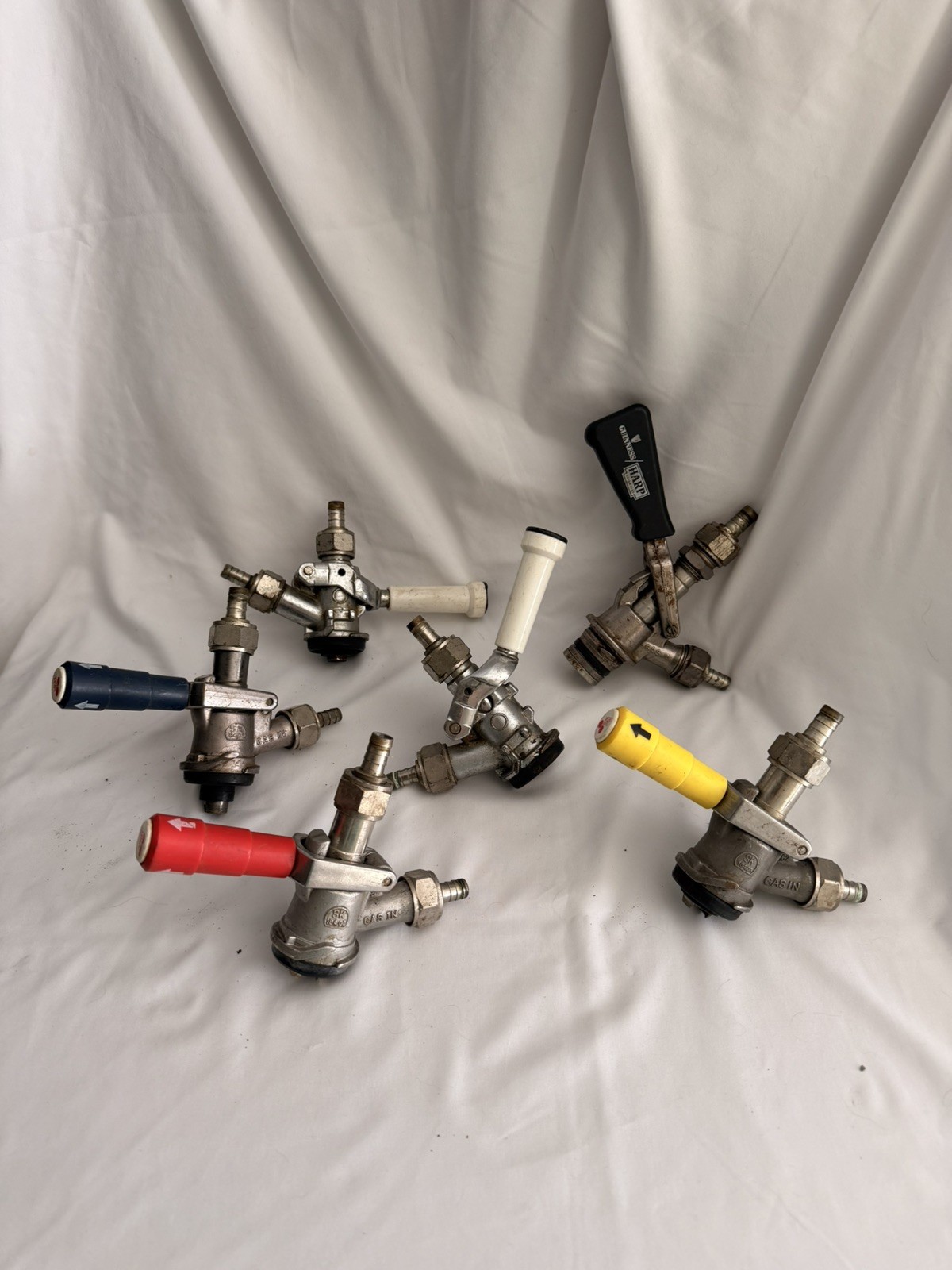 Lot of 6 Commercial Keg Couplers Black, White, Blue, Red, and Yellow Handles