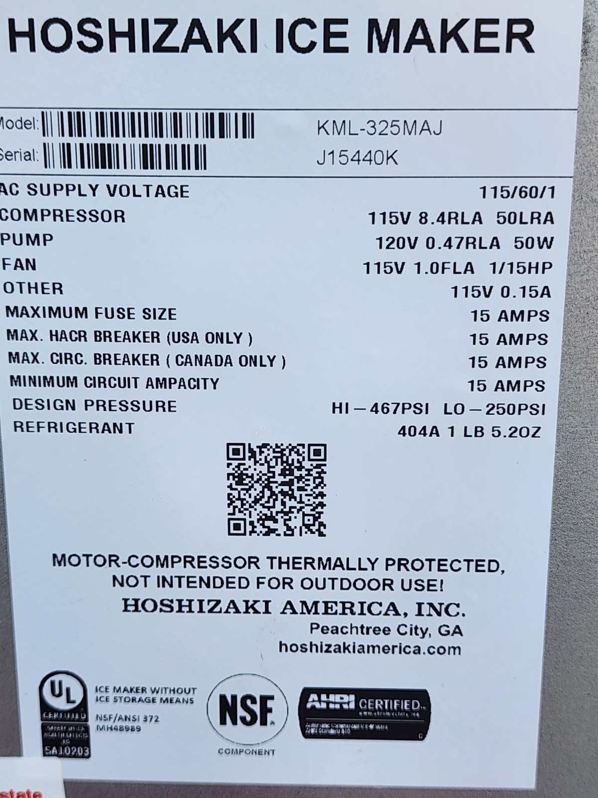 HOSHIZAKI KML-325MAJ AIR-COOLED ICE MACHINE CRESENT CUBE STYLE 380 Lb.