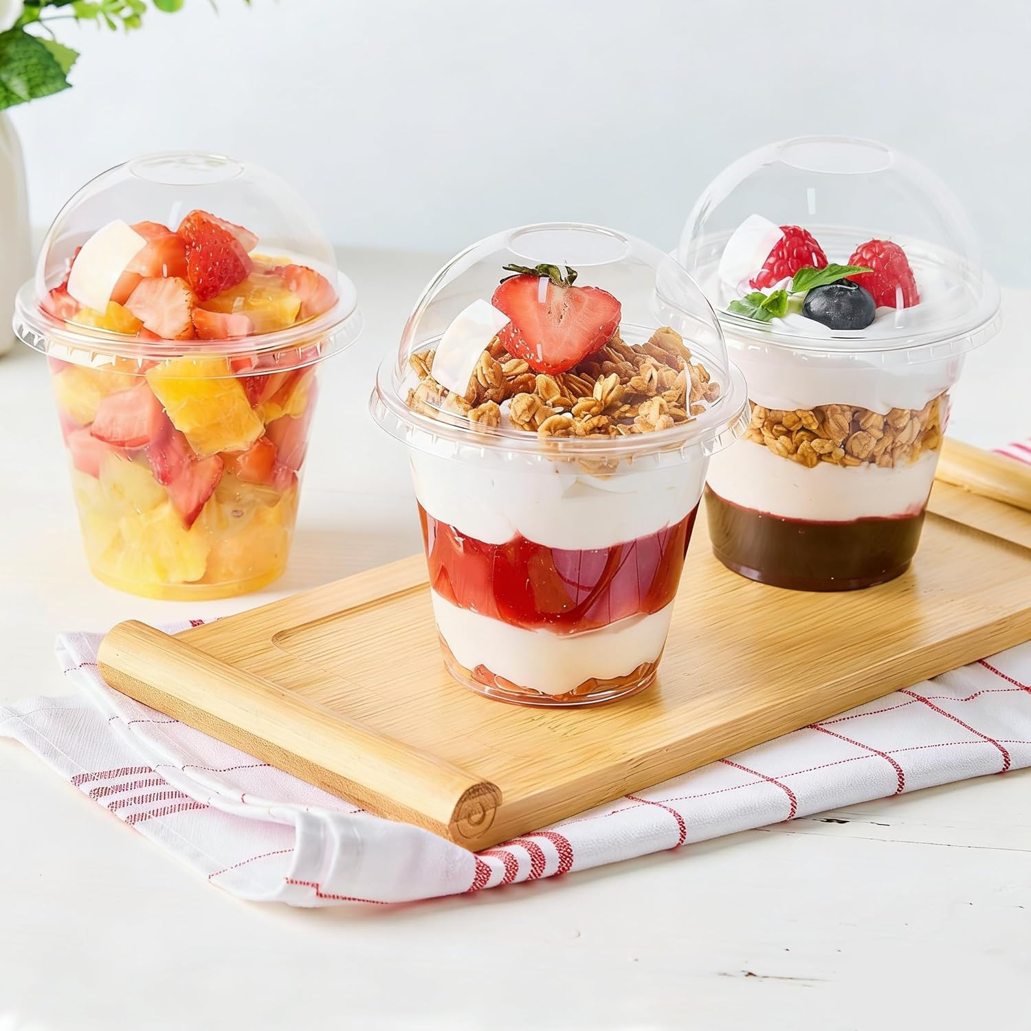 50 Pack 9 Oz Clear Plastic Dessert Cups with Dome Lids No Hole, Small Parfait Cu