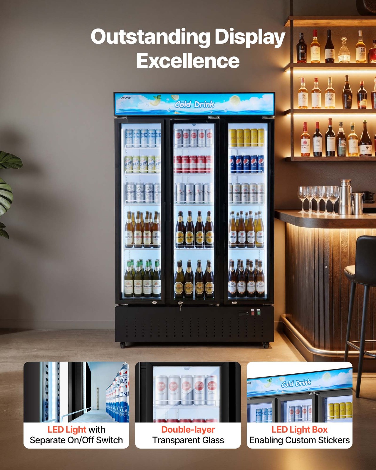 VEVOR Commercial Merchandiser Refrigerator 26.8 Cu.Ft 3-Door Beverage Cooler