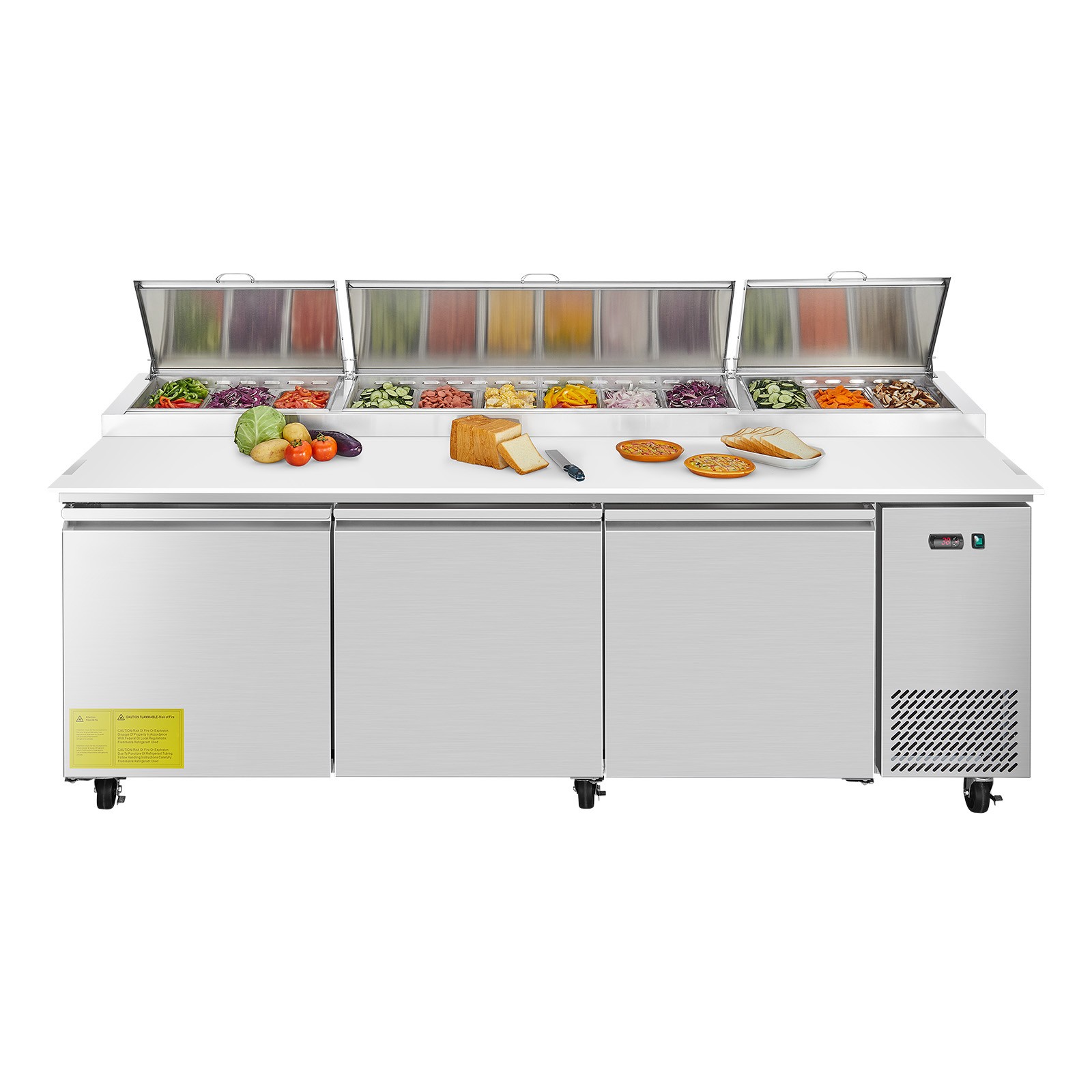 Uimoso 93 Inch Pizza Prep Refrigerated Prep Table Stainless Steel 3 Doors Fridge